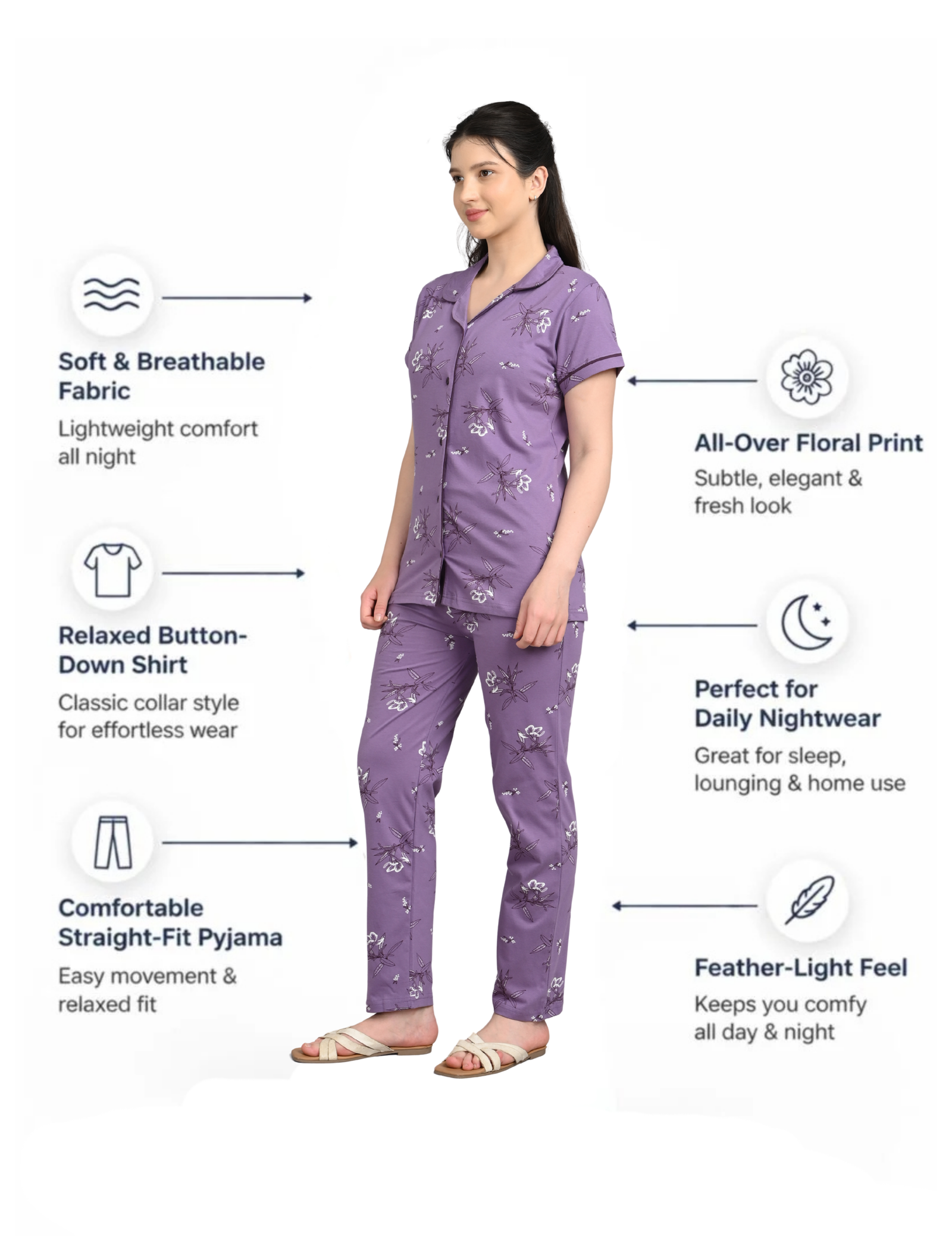 Women’s Cotton Night Suit Set | Soft Printed Shirt & Pyjama | Comfortable Sleepwear | Lavender Purple - Image 6