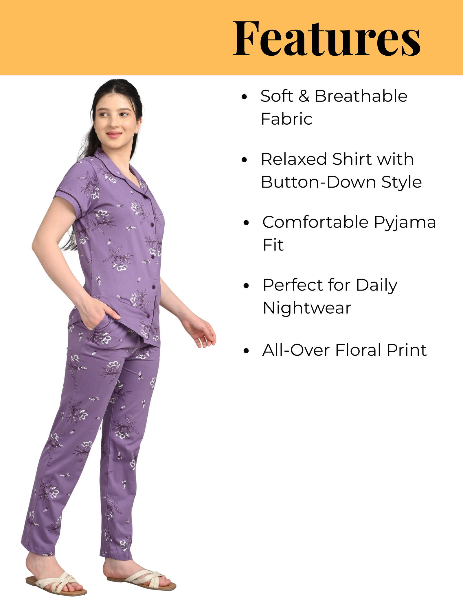 Women’s Cotton Night Suit Set | Soft Printed Shirt & Pyjama | Comfortable Sleepwear | Lavender Purple - Image 7