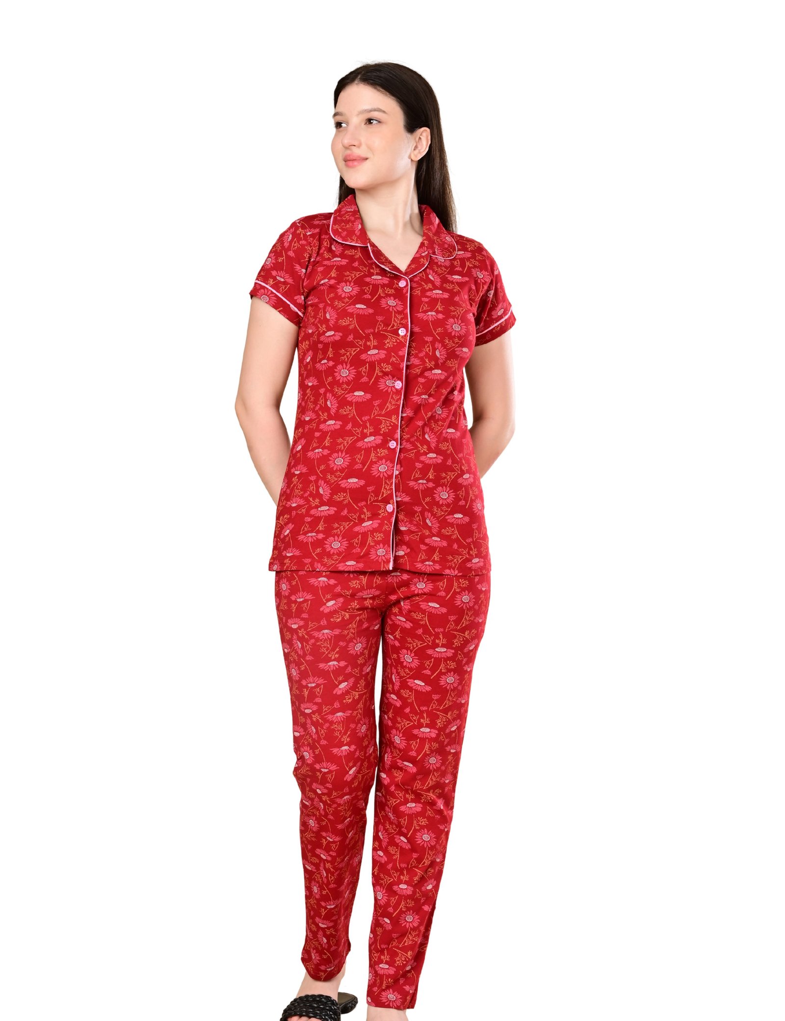 Women’s Cotton Night Suit Set | Soft Printed Shirt & Pyjama | Comfortable Sleepwear | Crimson Red