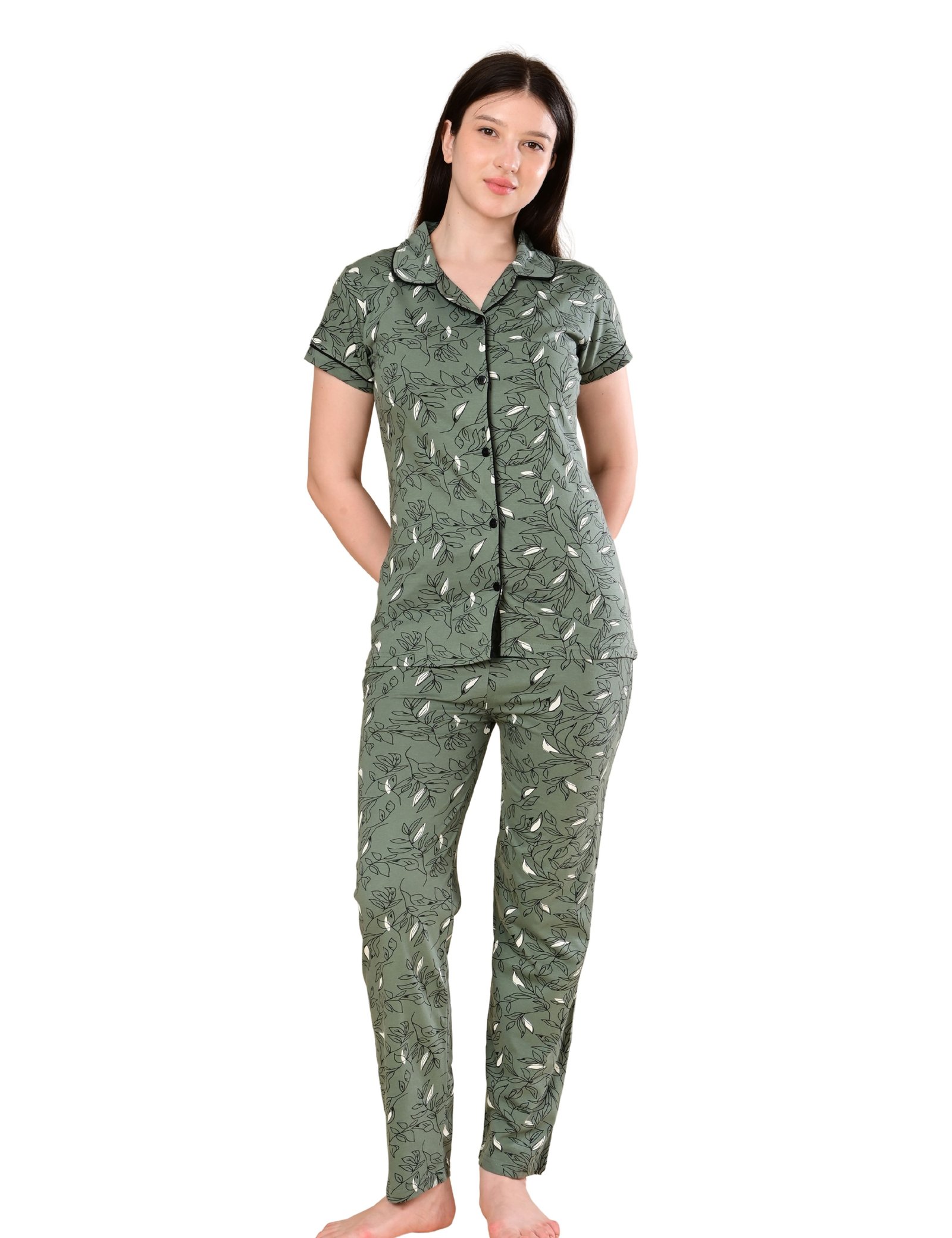 Women’s Cotton Night Suit Set | Soft Printed Shirt & Pyjama | Comfortable Sleepwear | Olive Green