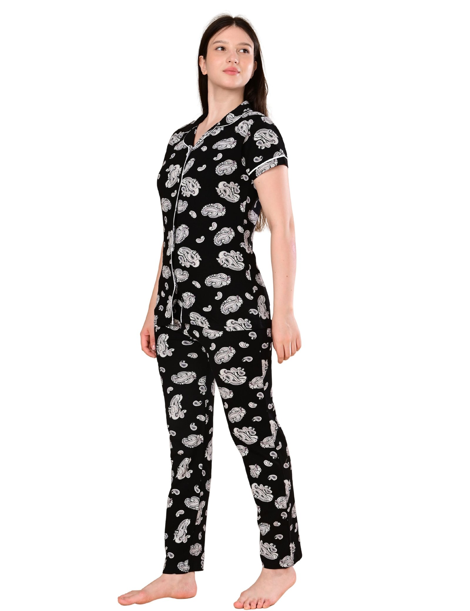 Women’s Cotton Night Suit Set | Soft Printed Shirt & Pyjama | Comfortable Sleepwear | Jet Black