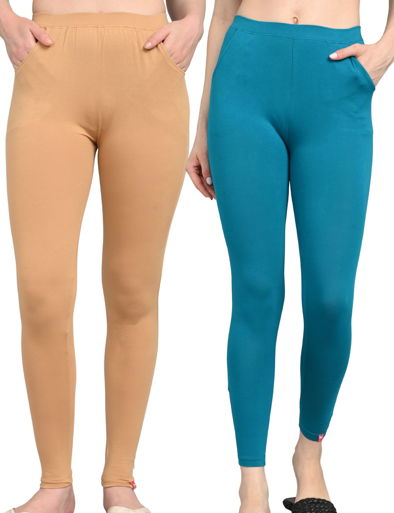 Cotton Leggings for Women with Pockets | Mid Waist | Stretchable Everyday Wear | Pack of 2