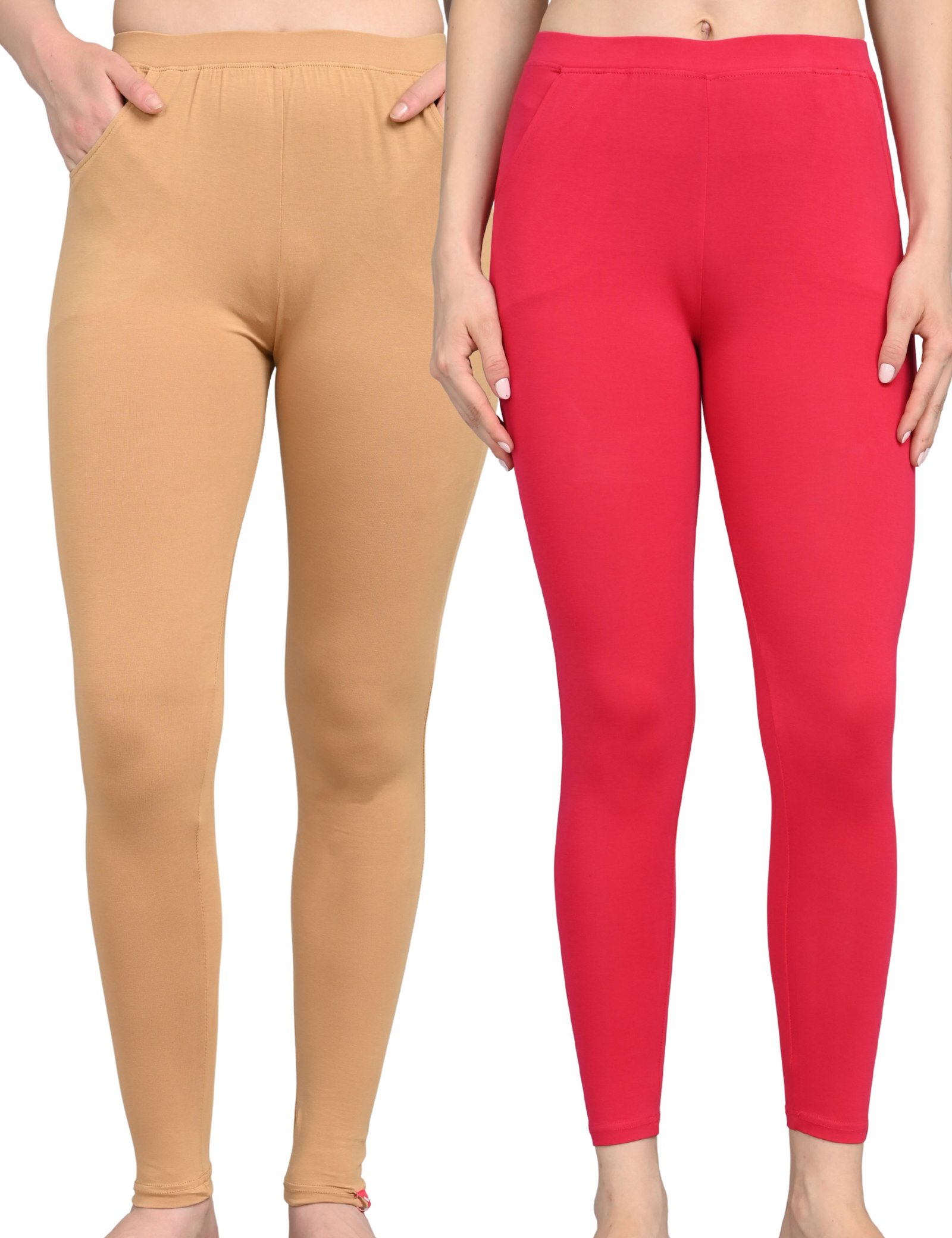 Cotton Leggings for Women with Pockets | Mid Waist | Stretchable Everyday Wear | Red and Brown | Pack of 2