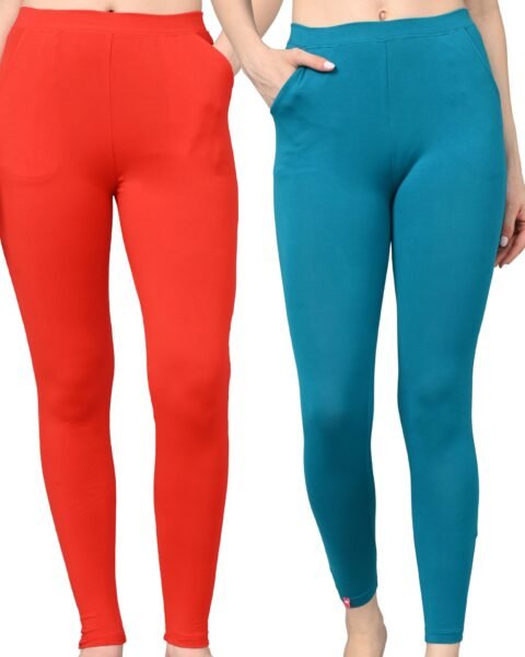 Cotton Leggings for Women with Pockets | Mid Waist | Stretchable Everyday Wear | Red and Blue | Pack of 2