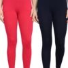Cotton Leggings for Women with Pockets | Mid Waist | Stretchable Everyday Wear | Dark Red and Black | Pack of 2