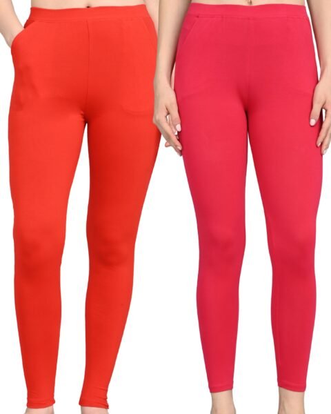 Cotton Leggings for Women with Pockets | Mid Waist | Stretchable Everyday Wear | Red and Dark Red | Pack of 2