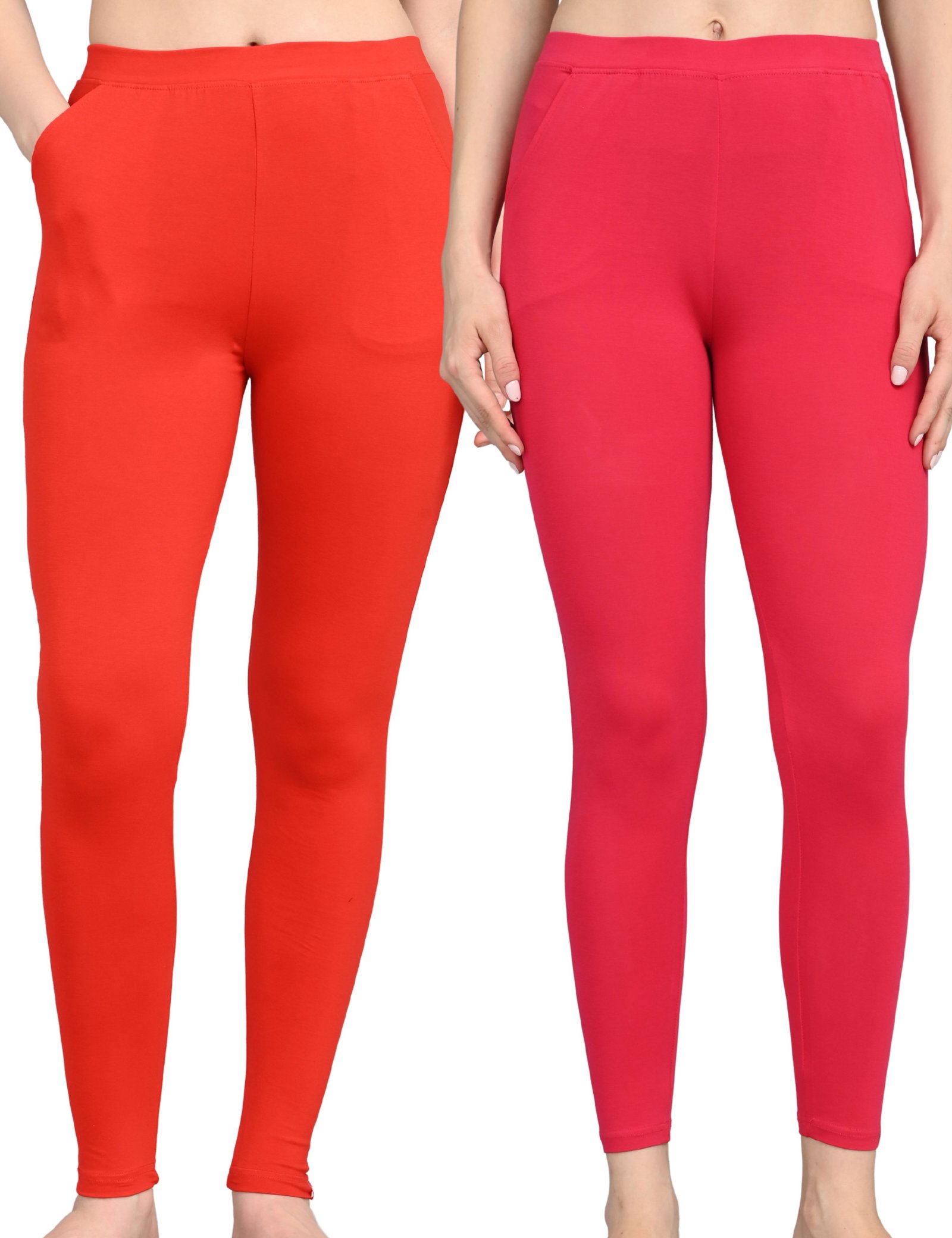 Cotton Leggings for Women with Pockets | Mid Waist | Stretchable Everyday Wear | Red and Dark Red | Pack of 2