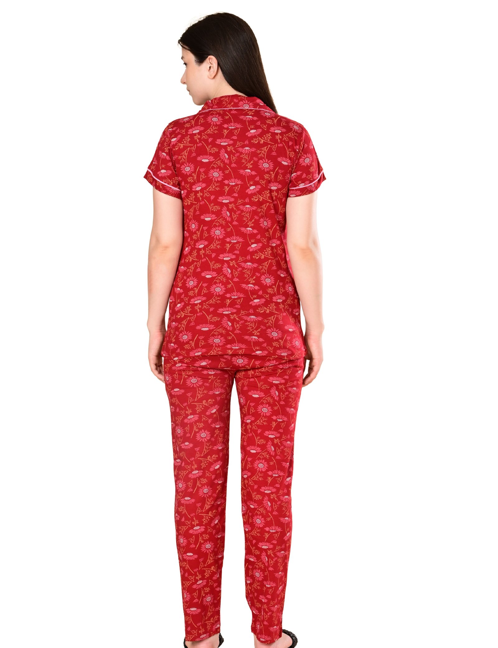 Women’s Cotton Night Suit Set | Soft Printed Shirt & Pyjama | Comfortable Sleepwear | Crimson Red - Image 2