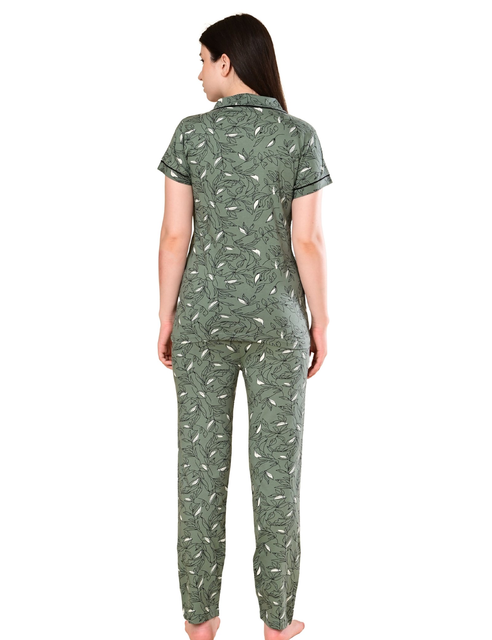 Women’s Cotton Night Suit Set | Soft Printed Shirt & Pyjama | Comfortable Sleepwear | Olive Green - Image 2