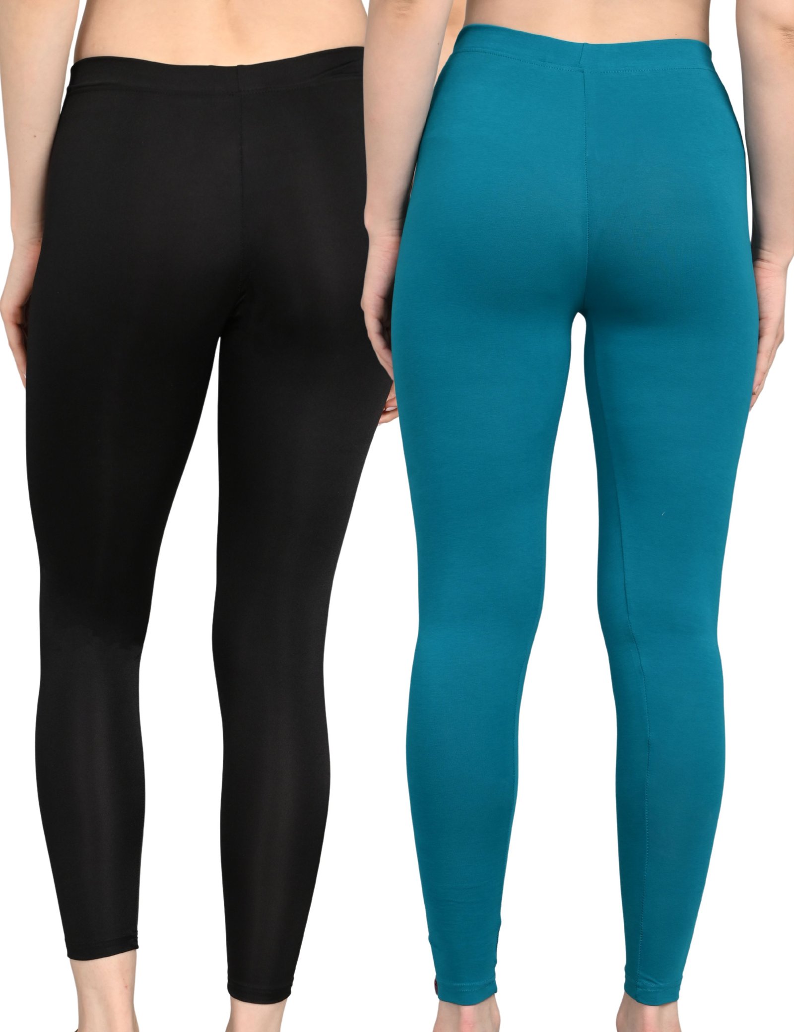 Ankle Length Cotton Lycra Leggings for Women | Mid Waist | Slim Fit Stretchable | Blue and Black | Pack of 2 - Image 2