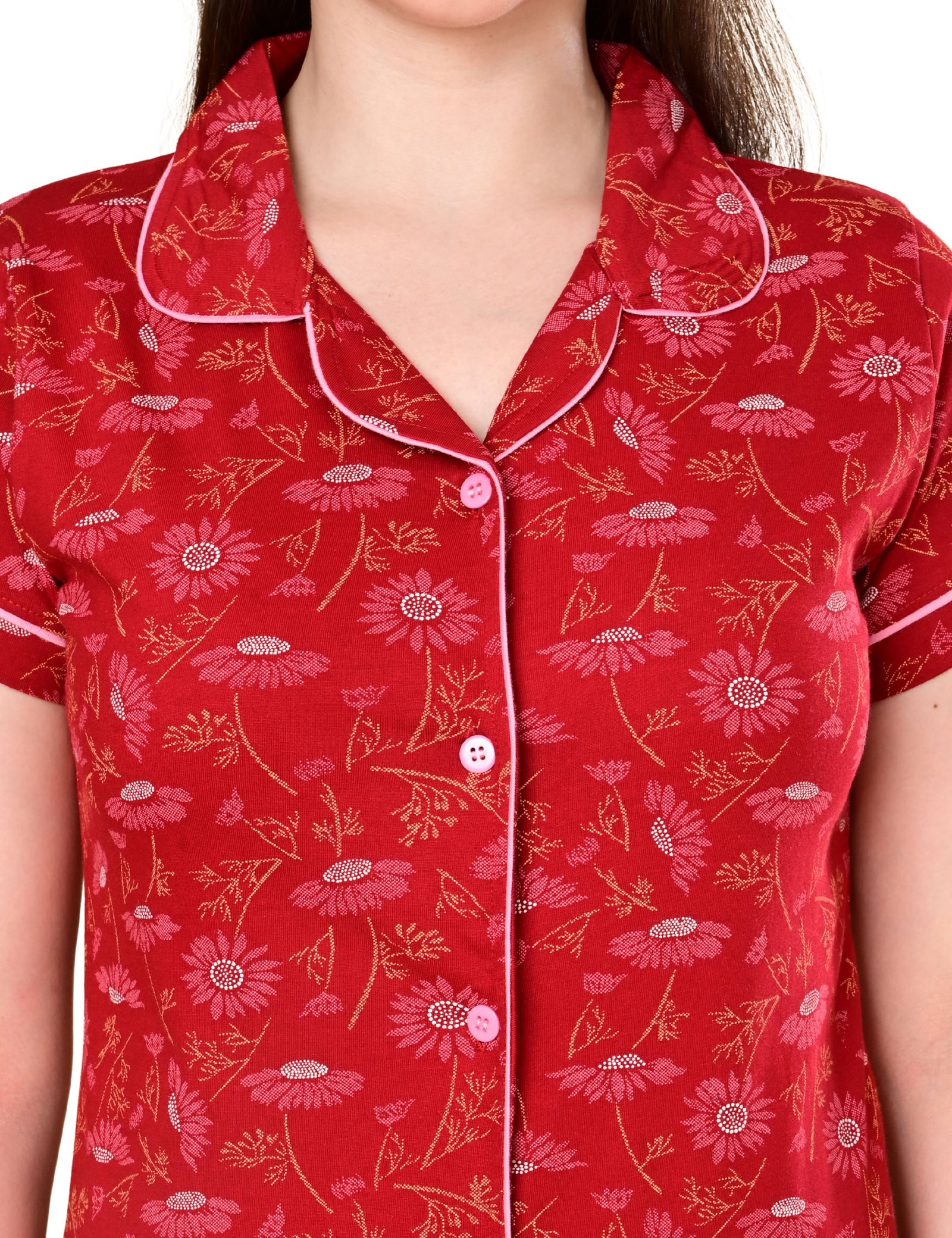 Women’s Cotton Night Suit Set | Soft Printed Shirt & Pyjama | Comfortable Sleepwear | Crimson Red - Image 3