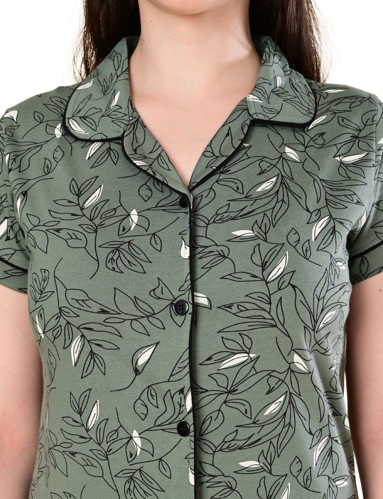 Women’s Cotton Night Suit Set | Soft Printed Shirt & Pyjama | Comfortable Sleepwear | Olive Green - Image 3