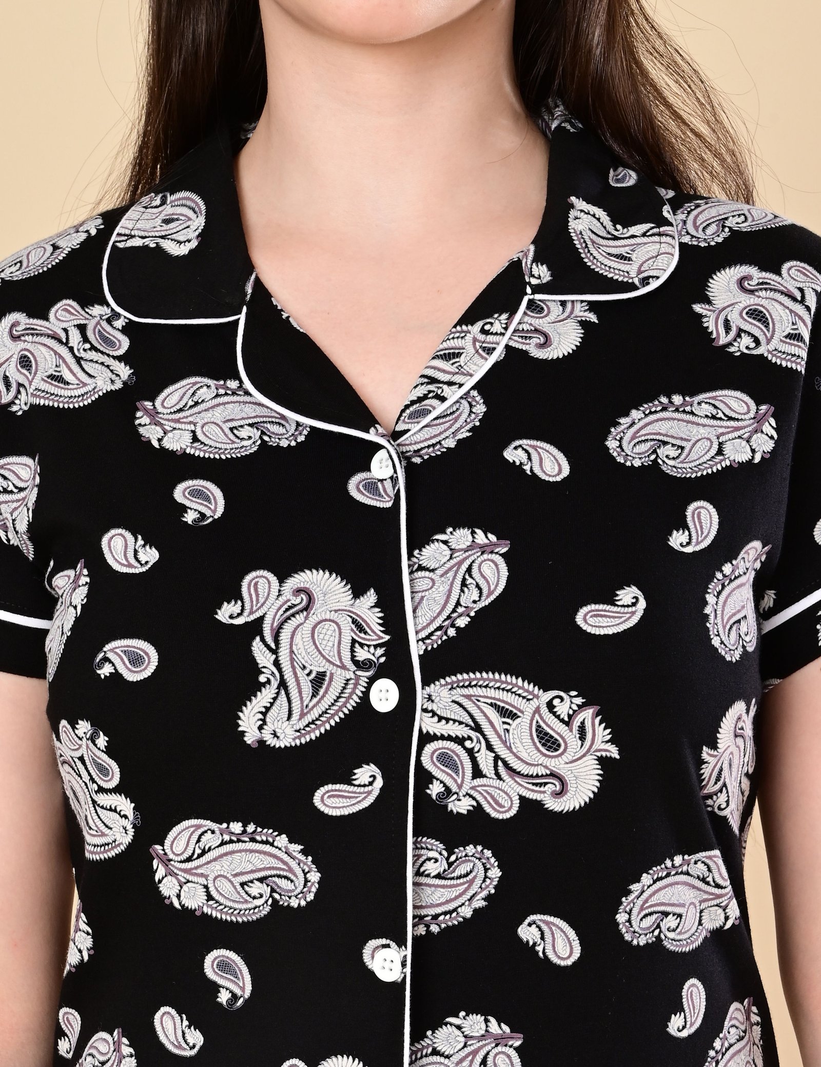 Women’s Cotton Night Suit Set | Soft Printed Shirt & Pyjama | Comfortable Sleepwear | Jet Black - Image 3