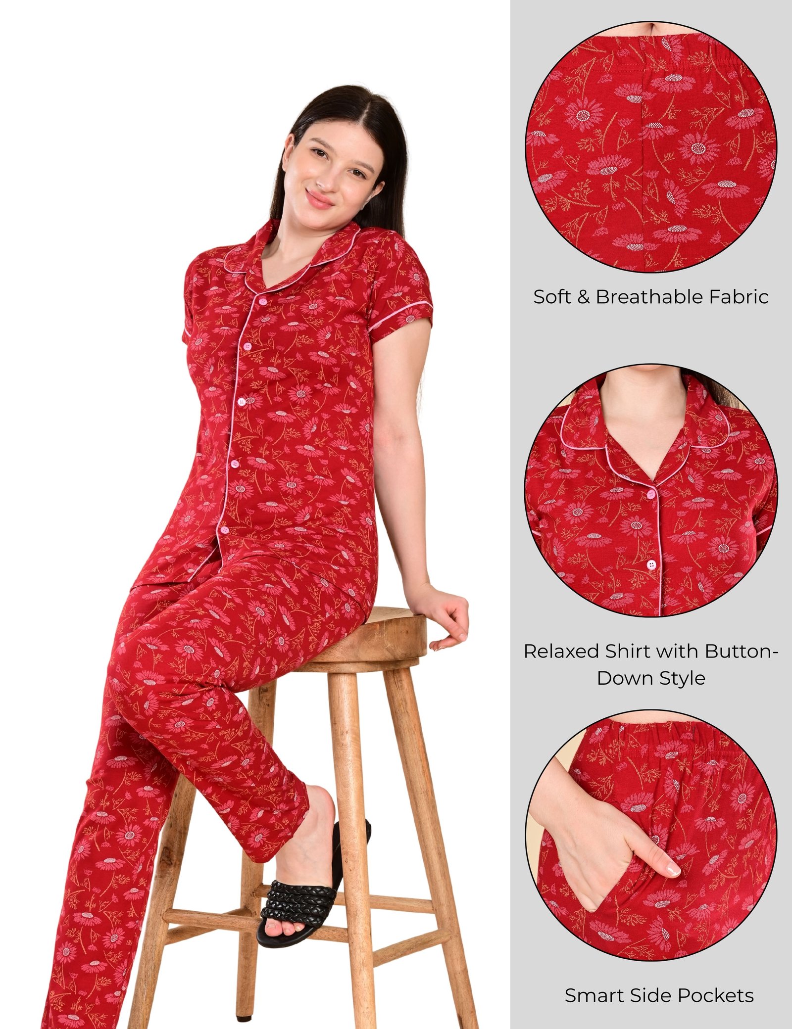 Women’s Cotton Night Suit Set | Soft Printed Shirt & Pyjama | Comfortable Sleepwear | Crimson Red - Image 5