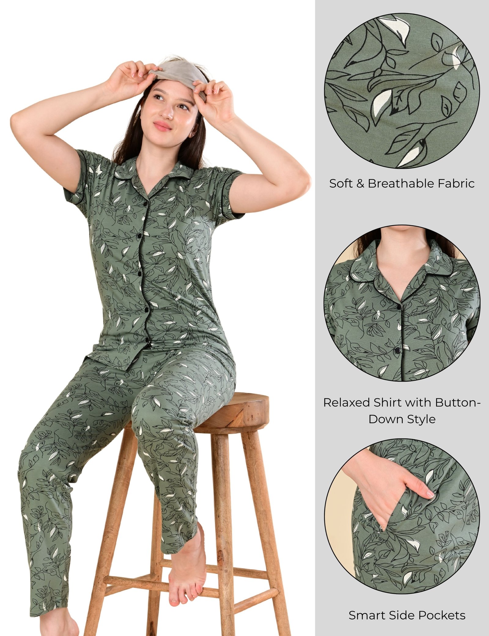 Women’s Cotton Night Suit Set | Soft Printed Shirt & Pyjama | Comfortable Sleepwear | Olive Green - Image 6