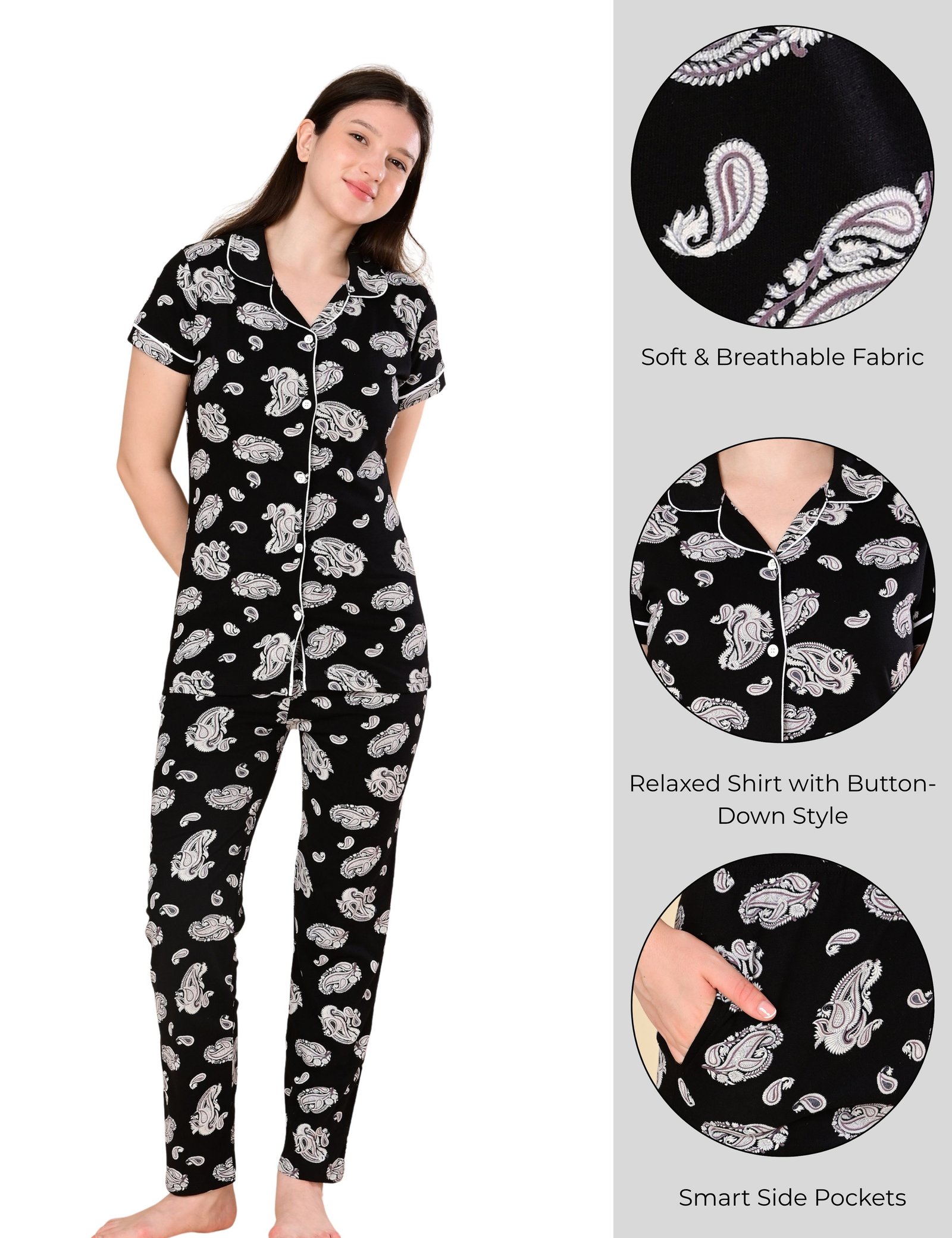 Women’s Cotton Night Suit Set | Soft Printed Shirt & Pyjama | Comfortable Sleepwear | Jet Black - Image 6