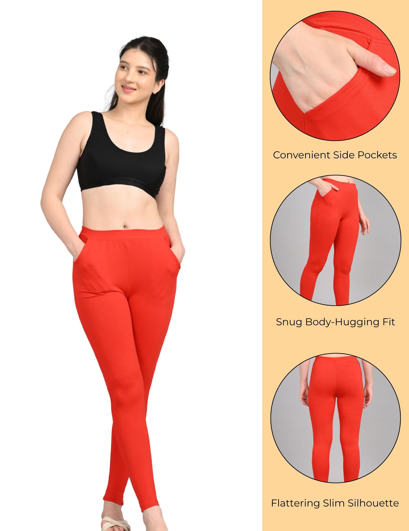 Cotton Leggings for Women with Pockets | Mid Waist | Stretchable Everyday Wear | Red and Dark Red | Pack of 2 - Image 3