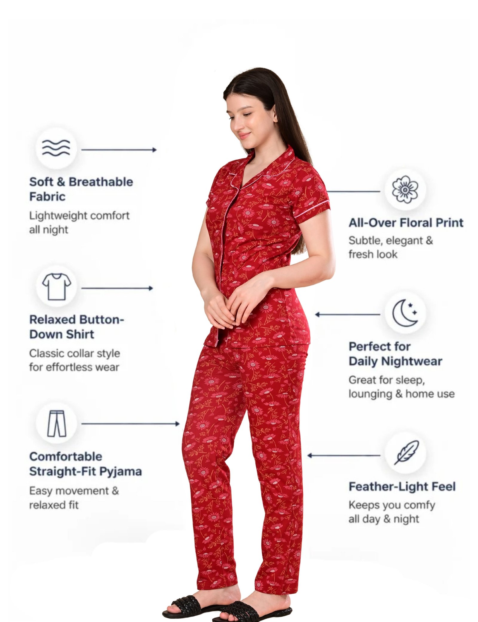 Women’s Cotton Night Suit Set | Soft Printed Shirt & Pyjama | Comfortable Sleepwear | Crimson Red - Image 6