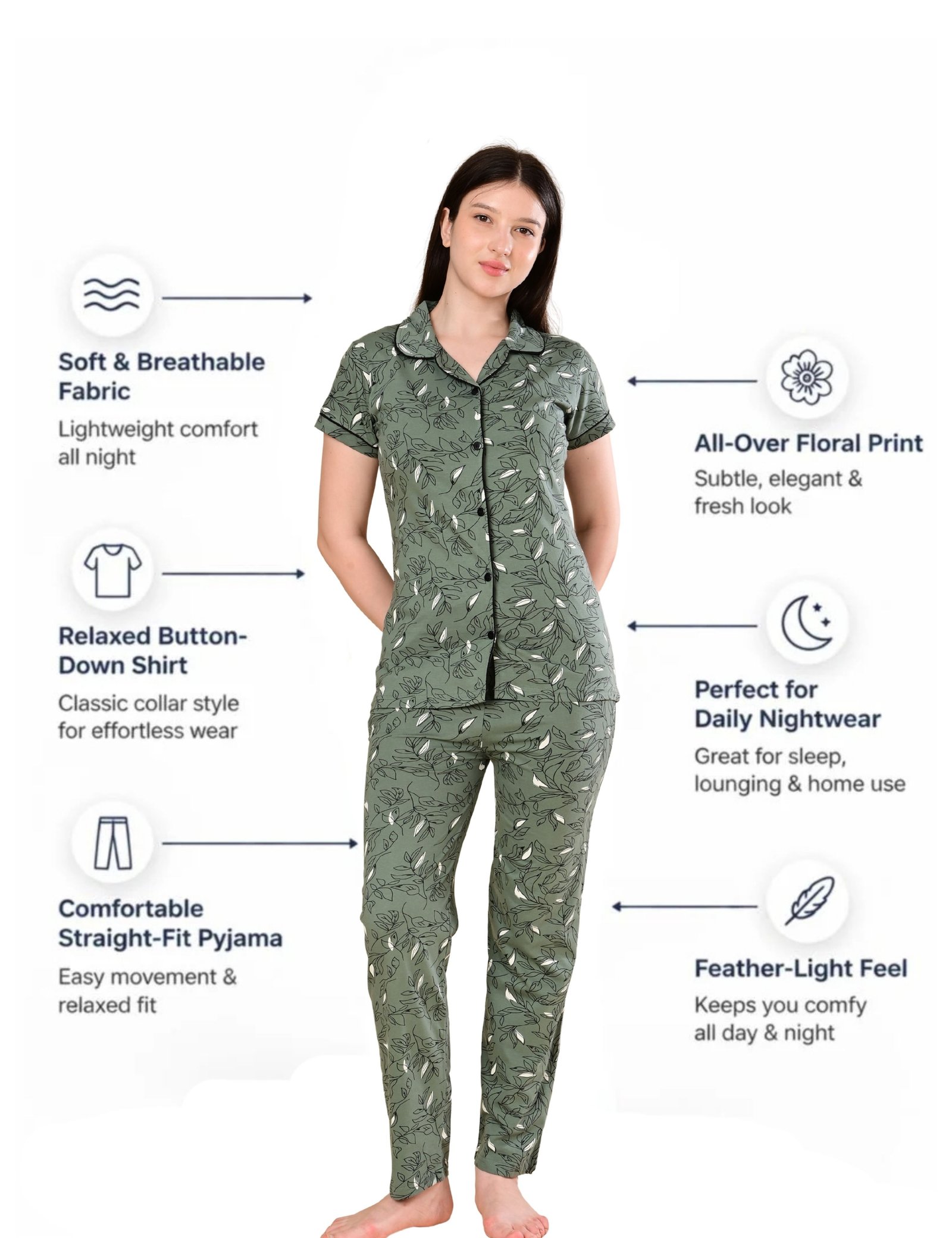 Women’s Cotton Night Suit Set | Soft Printed Shirt & Pyjama | Comfortable Sleepwear | Olive Green - Image 5