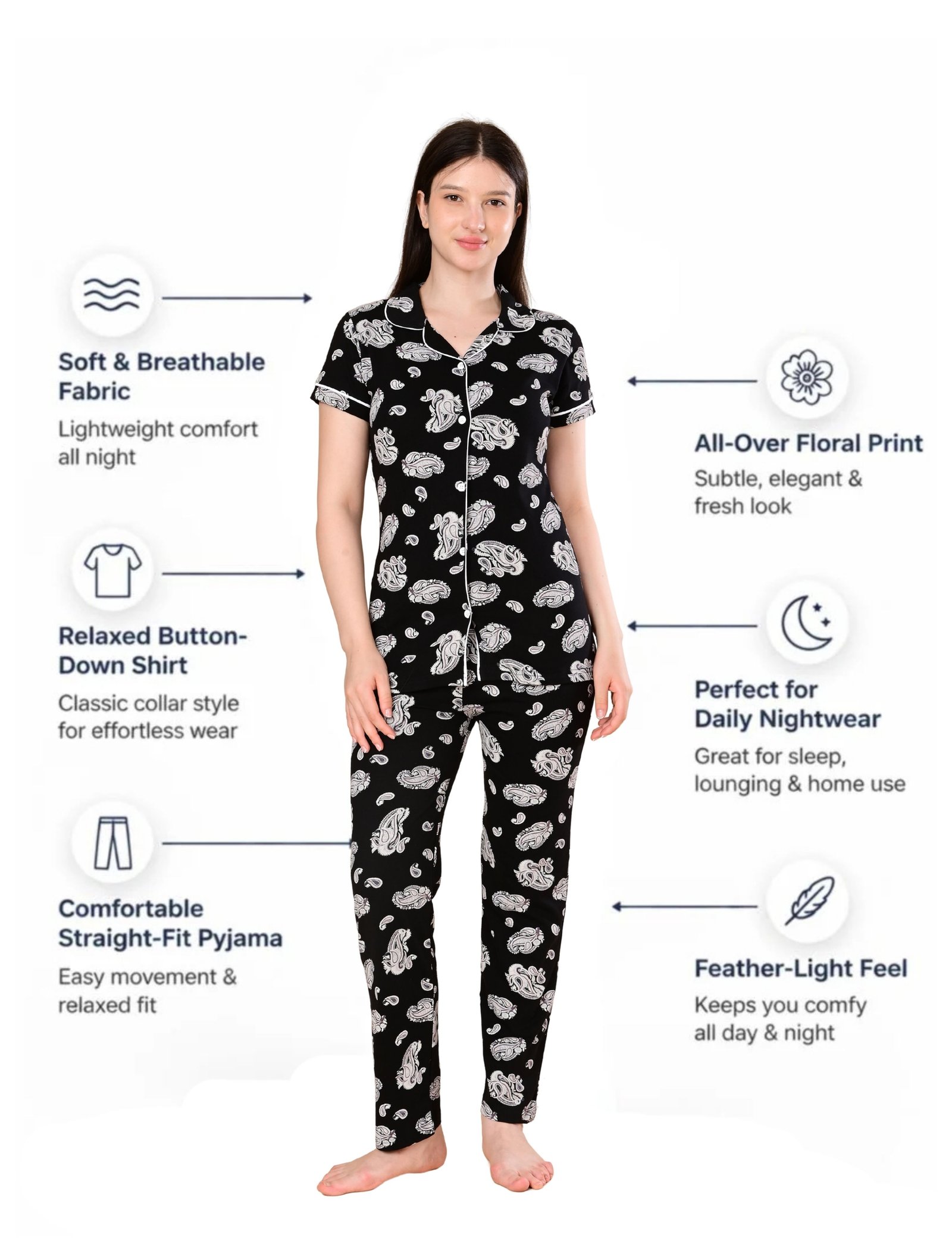 Women’s Cotton Night Suit Set | Soft Printed Shirt & Pyjama | Comfortable Sleepwear | Jet Black - Image 5