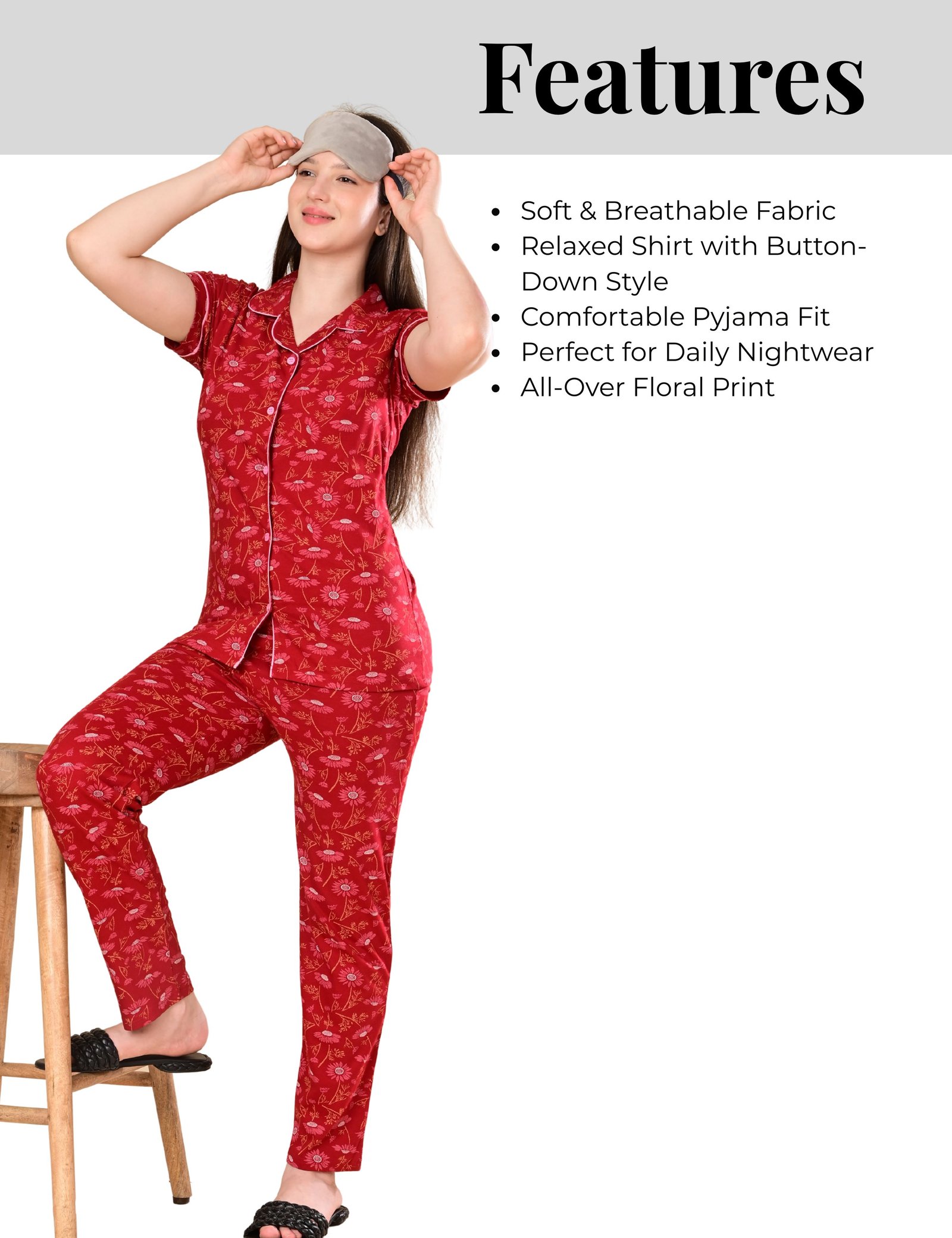 Women’s Cotton Night Suit Set | Soft Printed Shirt & Pyjama | Comfortable Sleepwear | Crimson Red - Image 7