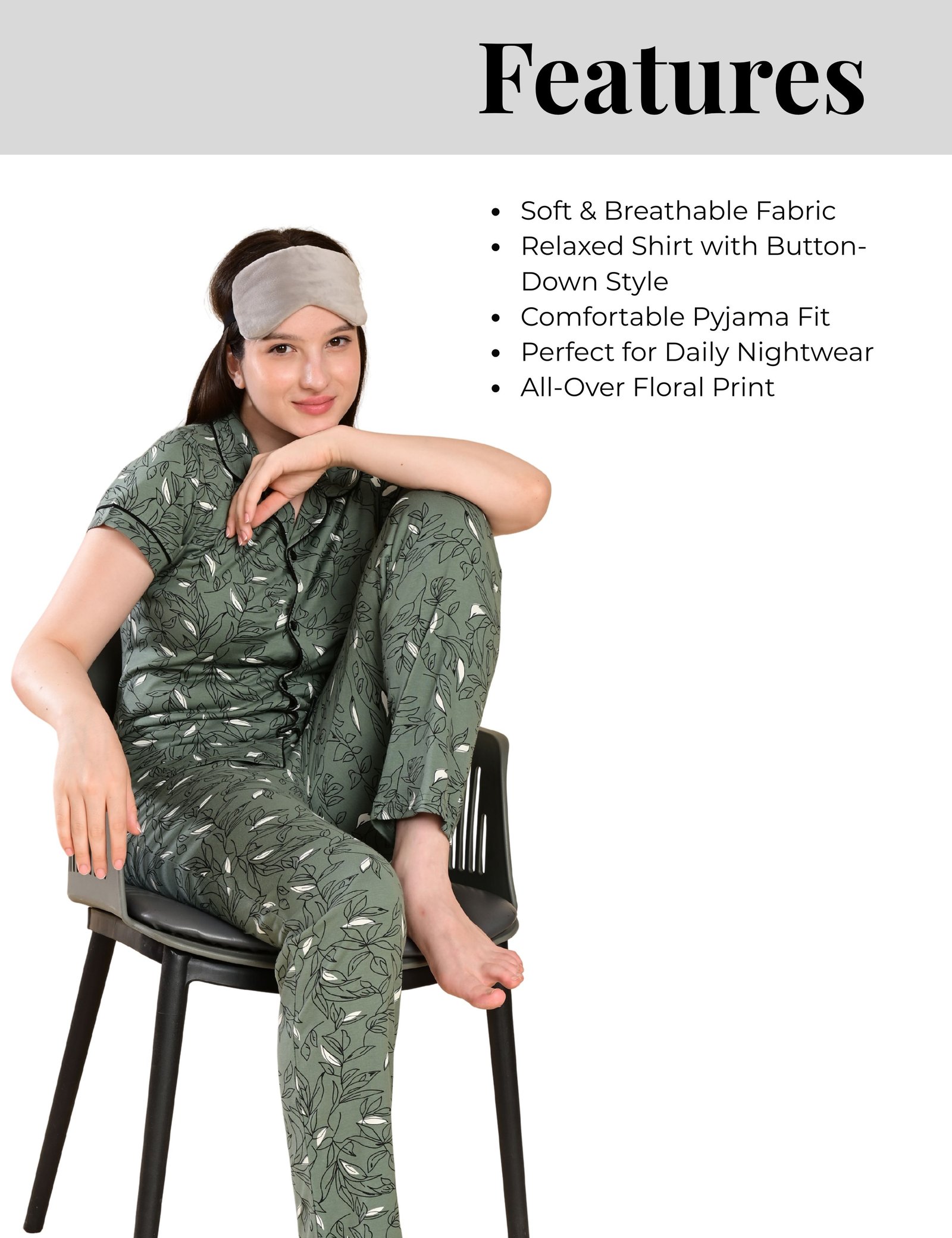Women’s Cotton Night Suit Set | Soft Printed Shirt & Pyjama | Comfortable Sleepwear | Olive Green - Image 7