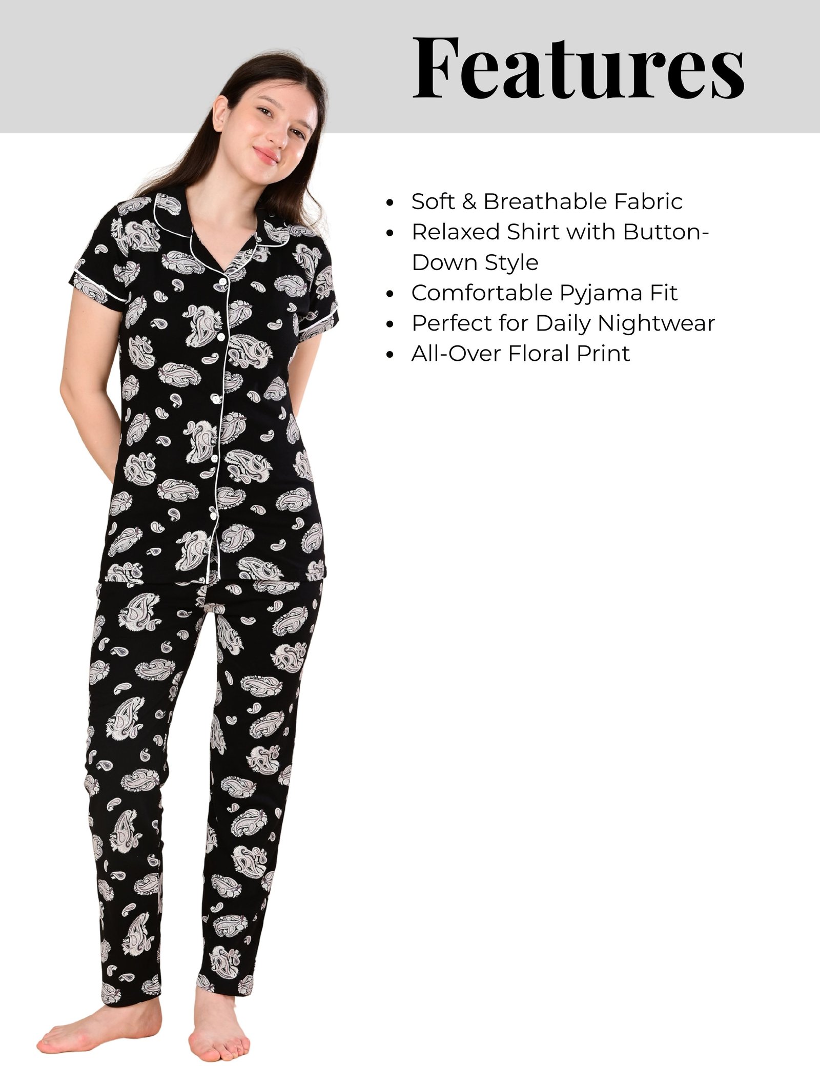 Women’s Cotton Night Suit Set | Soft Printed Shirt & Pyjama | Comfortable Sleepwear | Jet Black - Image 7