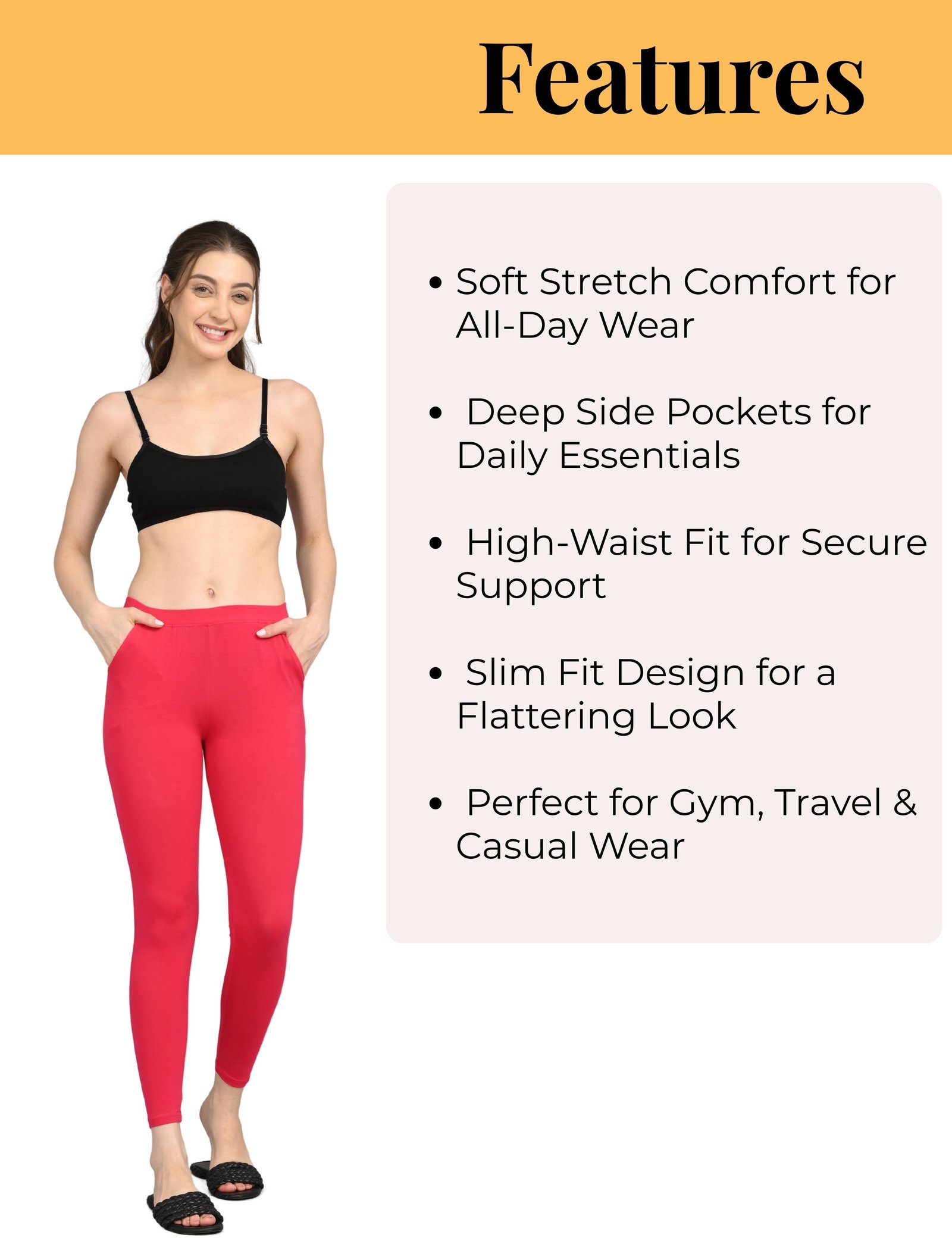 Cotton Leggings for Women with Pockets | Mid Waist | Stretchable Everyday Wear | Red and Brown | Pack of 2 - Image 5