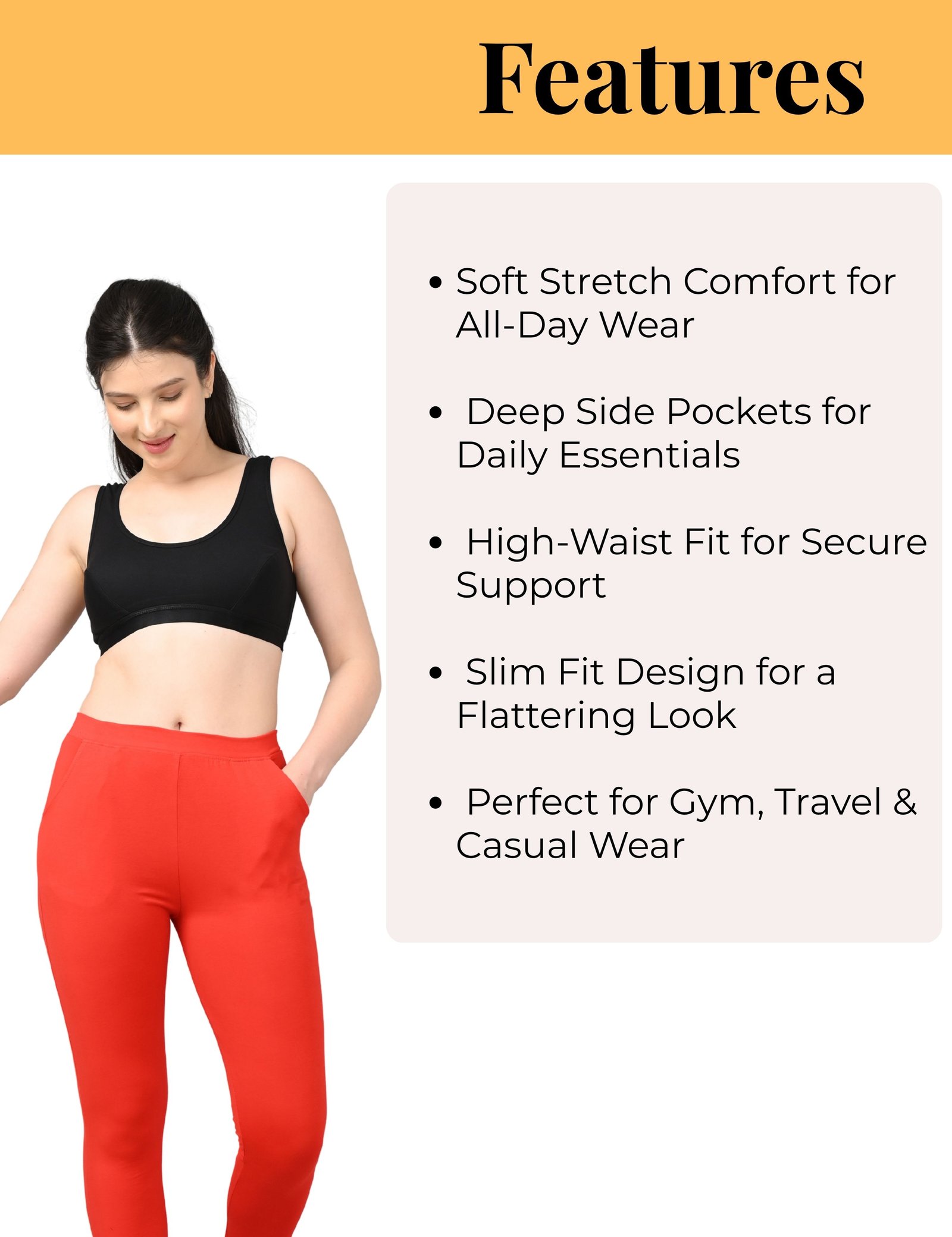 Cotton Leggings for Women with Pockets | Mid Waist | Stretchable Everyday Wear | Red and Dark Red | Pack of 2 - Image 5