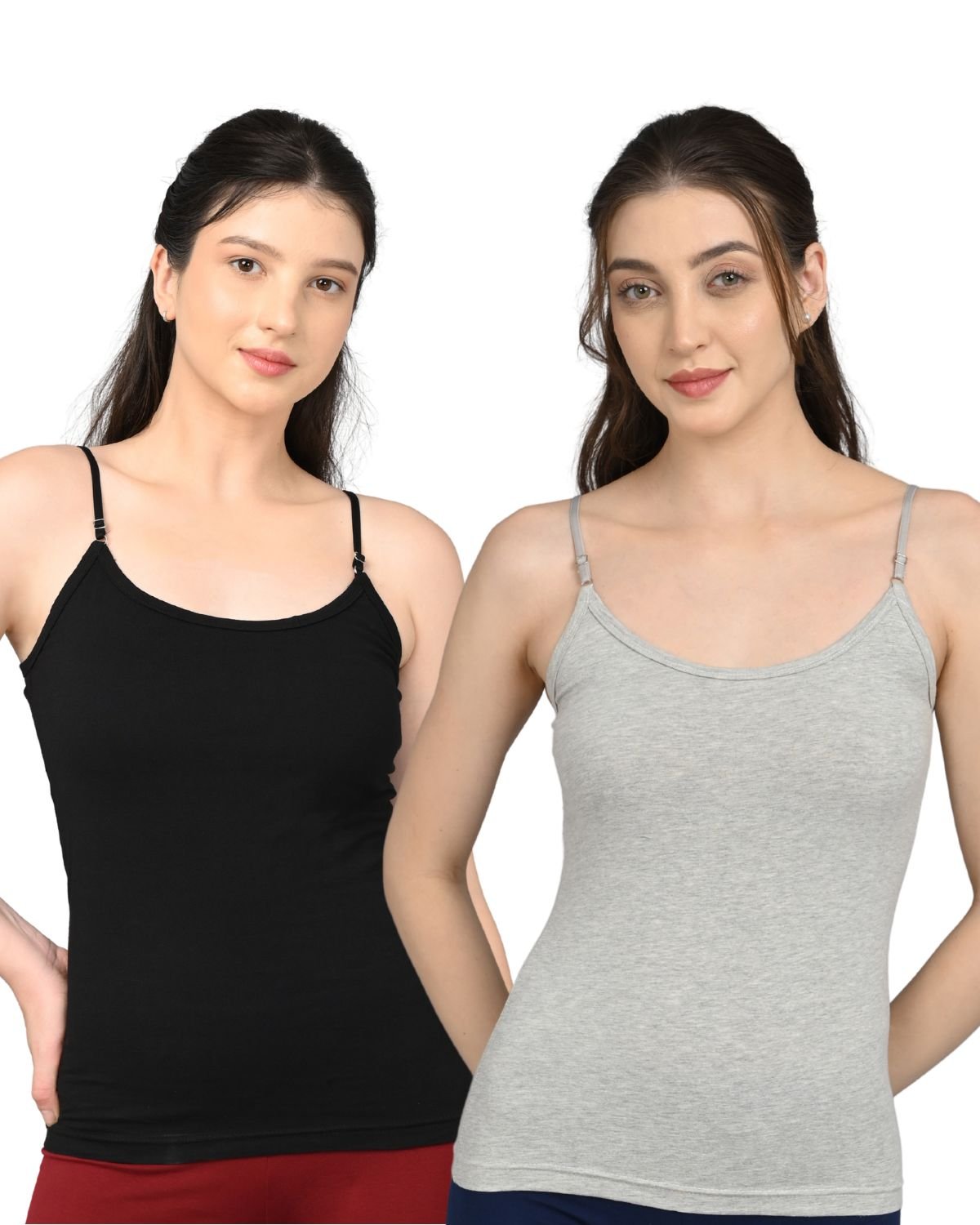 Camisole for Women | Adjustable Straps | Soft Breathable Fabric | Stretch Fit | Everyday Wear | Black and Grey | Pack of 2