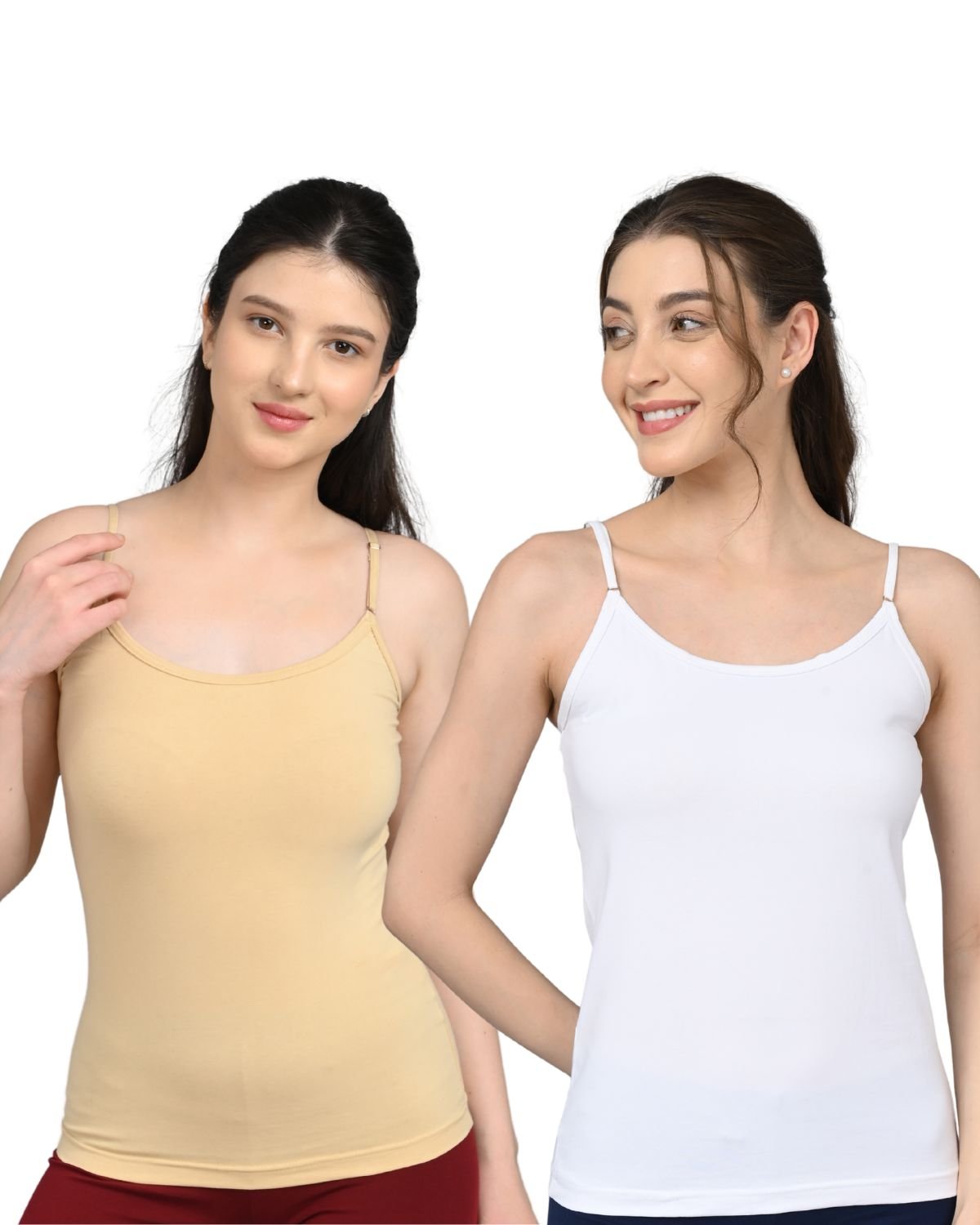 Camisole for Women | Adjustable Straps | Soft Breathable Fabric | Stretch Fit | Everyday Wear | Begie and white | Pack of 2
