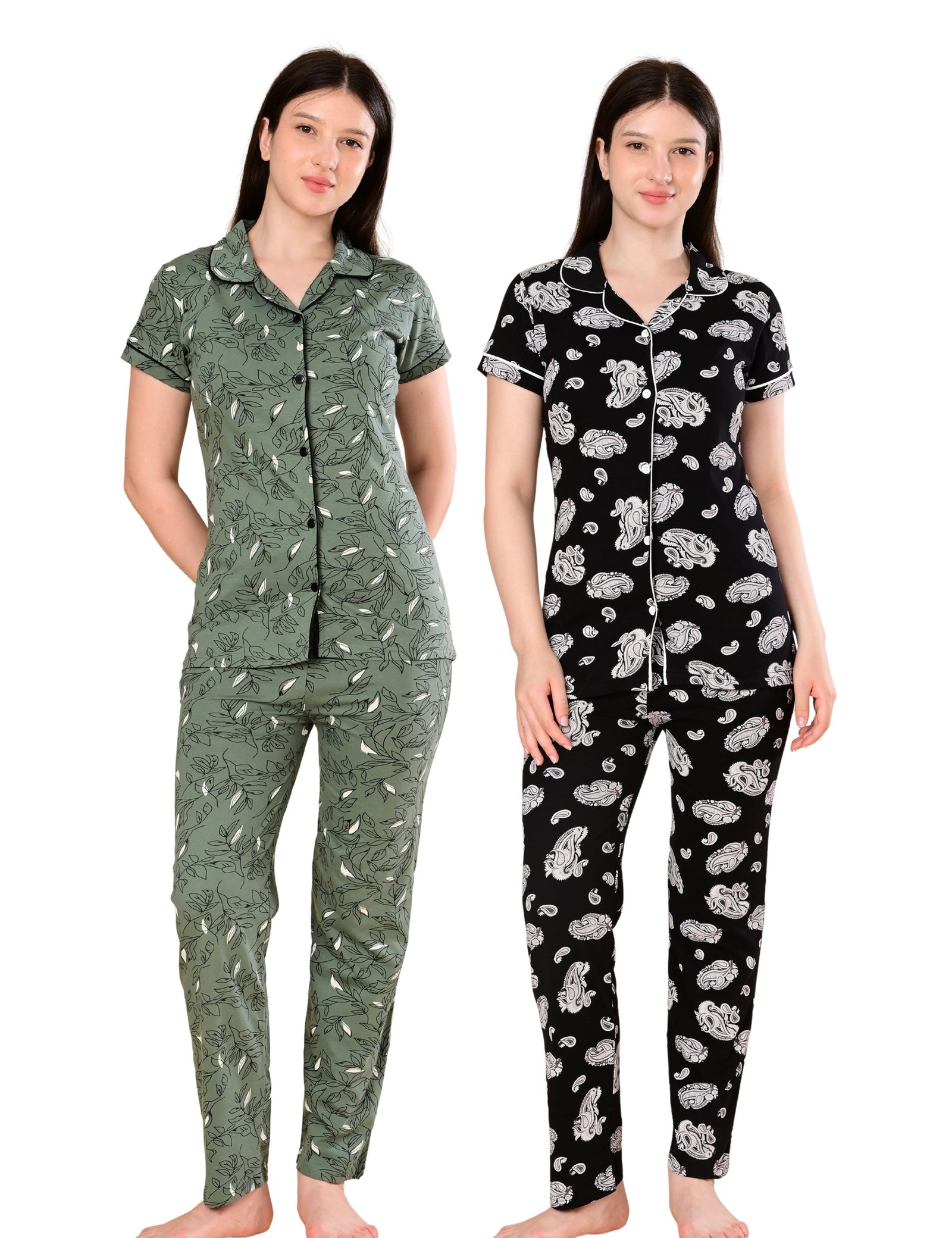 Women’s Cotton Night Suit Set | Soft Printed Shirt & Pyjama | Comfortable Sleepwear | Olive Green and Jet Black | Pack of 2