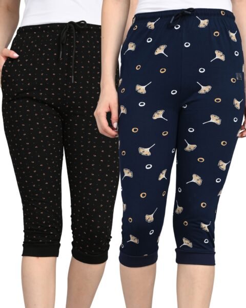 Printed Shorts for Women | Pocket & Drawstring | Soft & Comfortable Fit | Black and Blue | Pack of 2