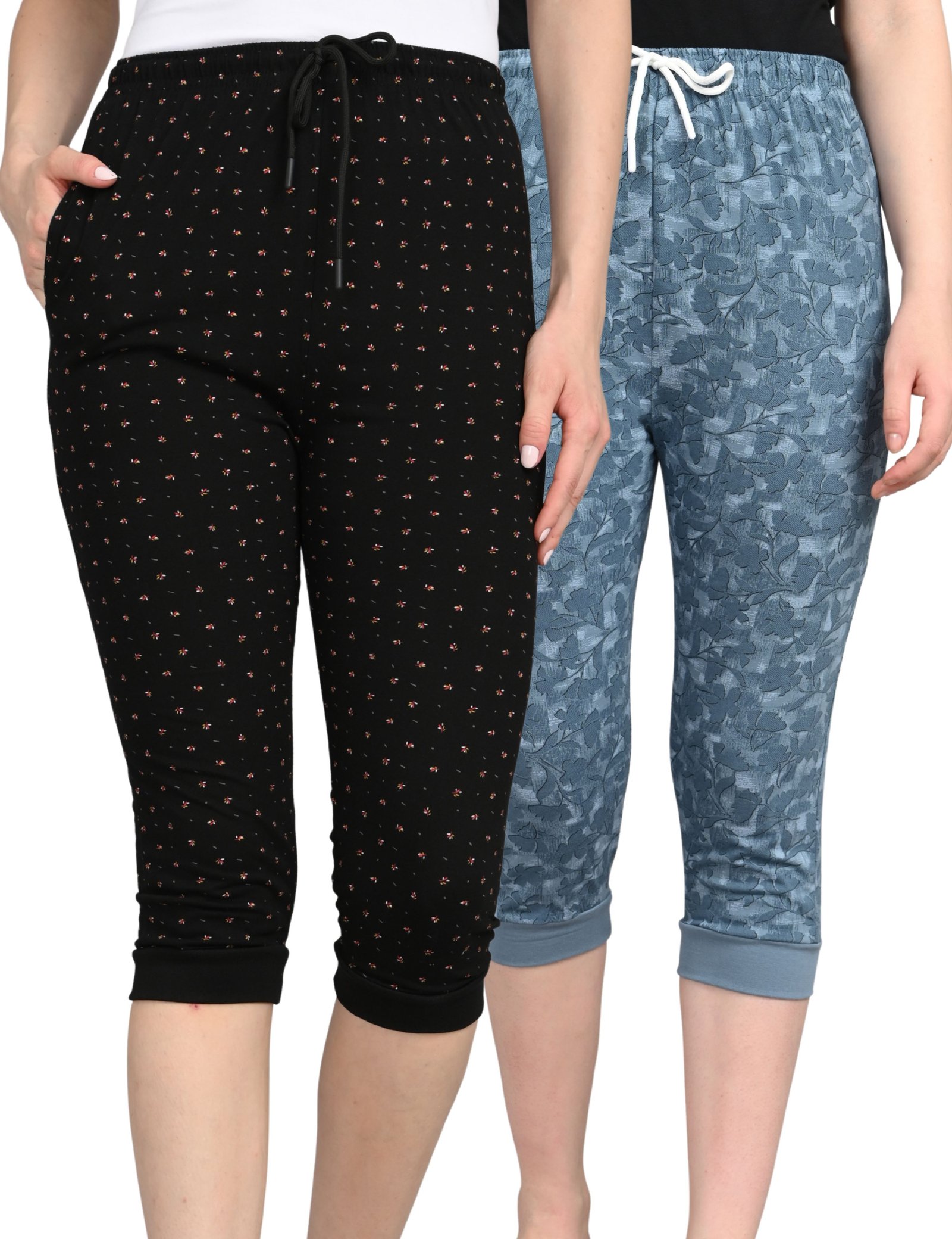 Printed Shorts for Women | Pocket & Drawstring | Soft & Comfortable Fit | Black and light Blue | Pack of 2
