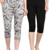 Printed Shorts for Women | Pocket & Drawstring | Soft & Comfortable Fit | Black and Grey | Pack of 2