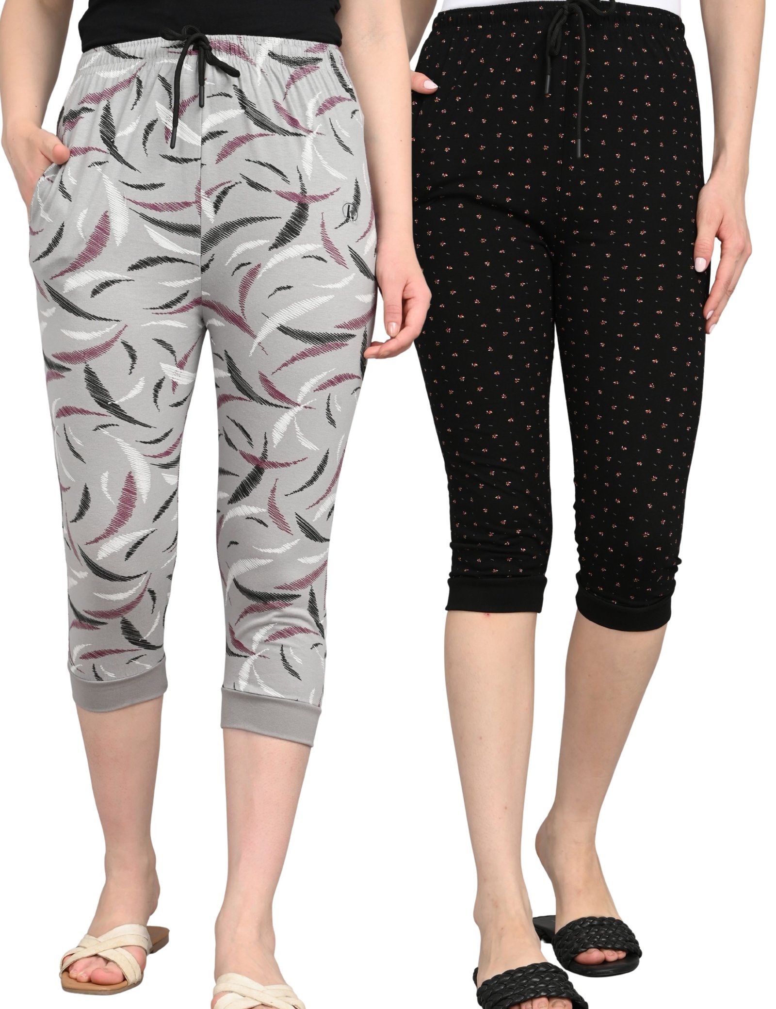 Printed Shorts for Women | Pocket & Drawstring | Soft & Comfortable Fit | Black and Grey | Pack of 2