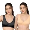Non Padded Sports Bra | V Neck Design | Wide Straps Support | Breathable Fabric | Everyday Comfort Fit | Black and Beige  | Pack of 2