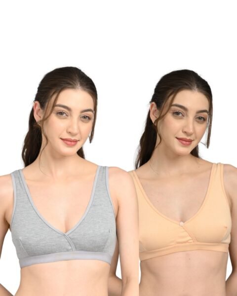 So Glamy Women’s Non-Padded Cotton Lycra Sports Bra | Beige & Grey | Pack of 2