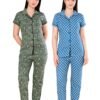 Women’s Cotton Night Suit Set | Soft Printed Shirt & Pyjama | Comfortable Sleepwear | Olive Green and Blue | Pack of 2