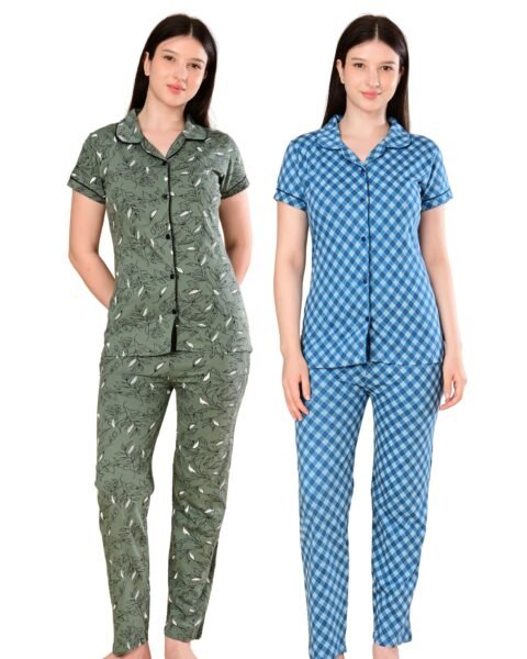 Women’s Cotton Night Suit Set | Soft Printed Shirt & Pyjama | Comfortable Sleepwear | Olive Green and Blue | Pack of 2