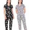 Women’s Cotton Night Suit Set | Soft Printed Shirt & Pyjama | Comfortable Sleepwear | Jet Black and Grey | Pack of 2