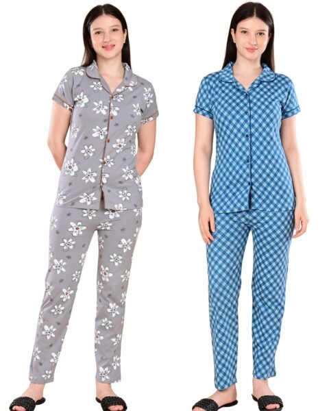 Women’s Cotton Night Suit Set | Soft Printed Shirt & Pyjama | Comfortable Sleepwear | Grey and Blue | Pack of 2