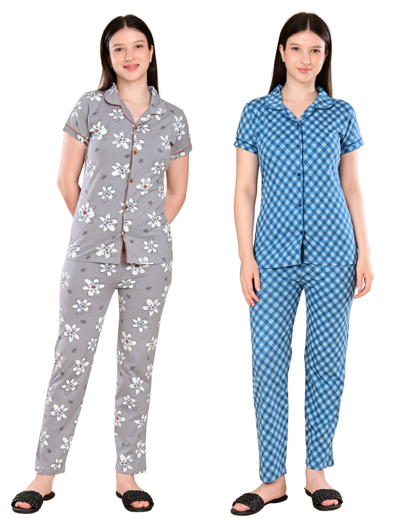 Women’s Cotton Night Suit Set | Soft Printed Shirt & Pyjama | Comfortable Sleepwear | Grey and Blue | Pack of 2