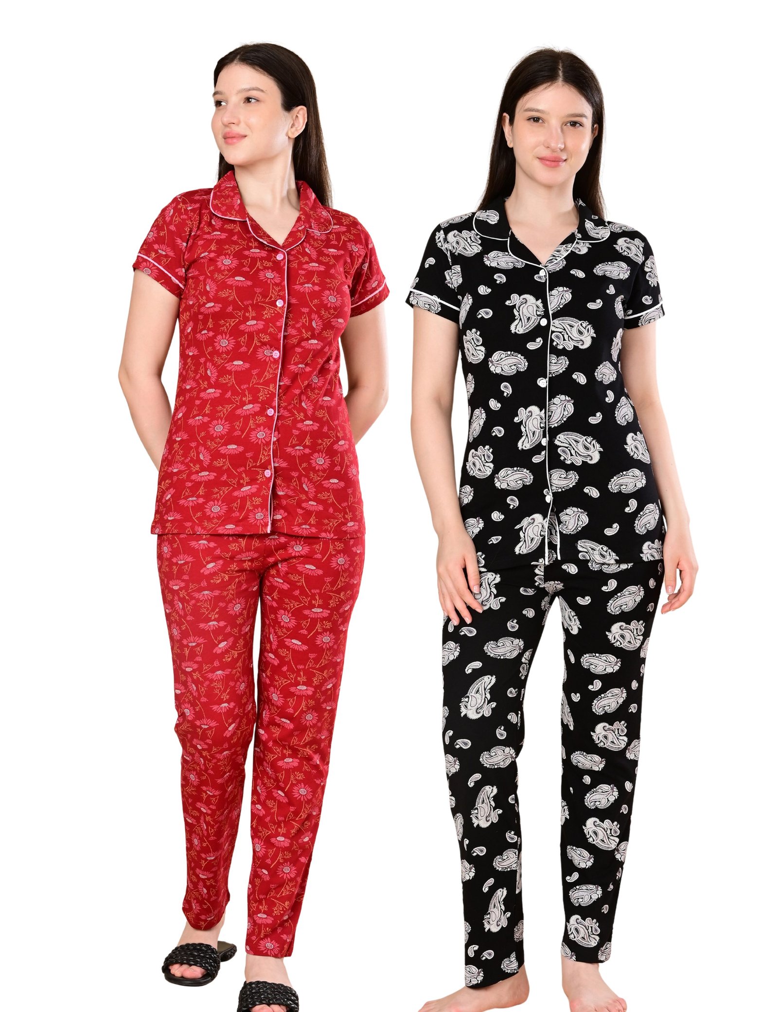 Women’s Cotton Night Suit Set | Soft Printed Shirt & Pyjama | Comfortable Sleepwear | Red and Jet Black | Pack of 2