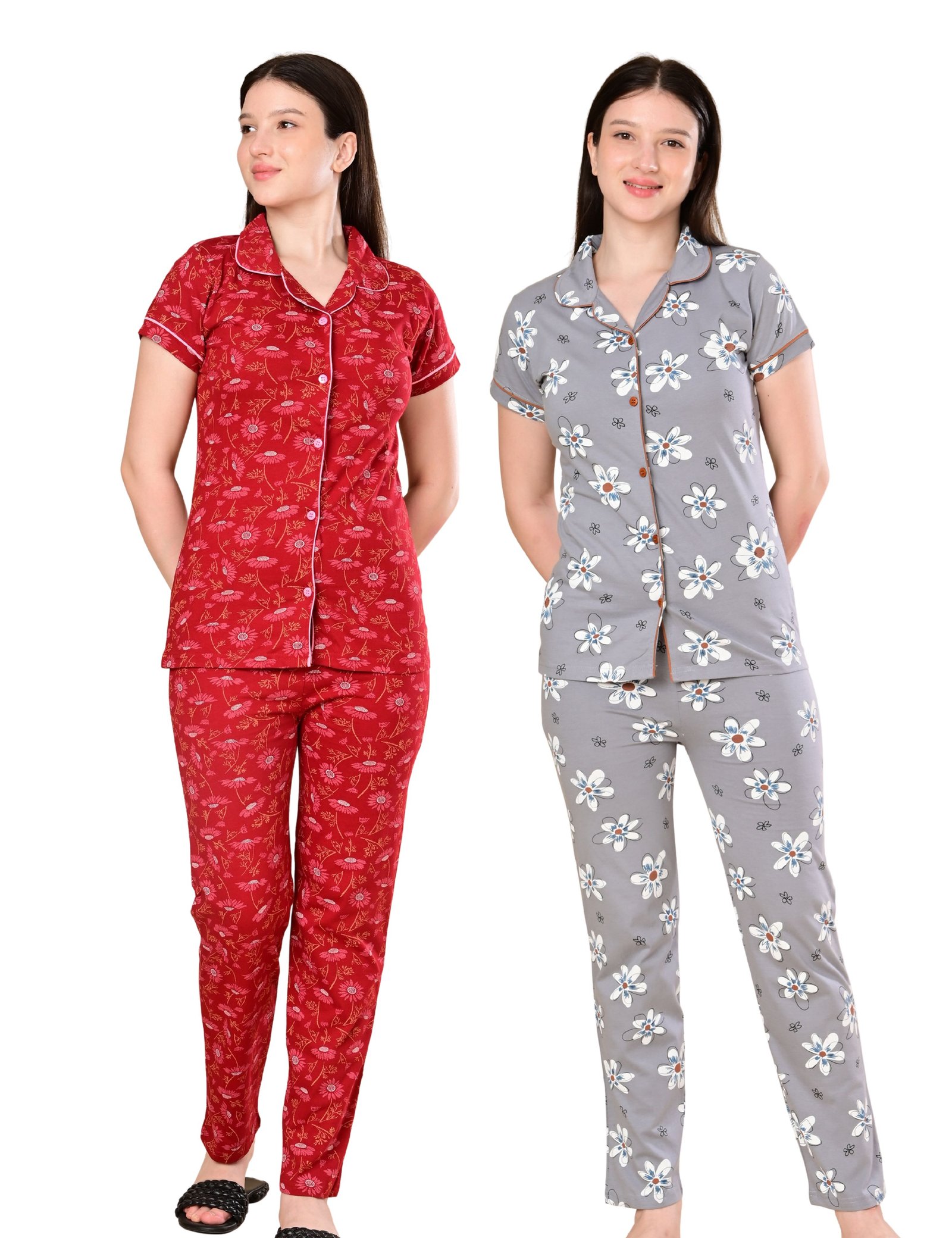 Women’s Cotton Night Suit Set | Soft Printed Shirt & Pyjama | Comfortable Sleepwear | Red and Grey | Pack of 2
