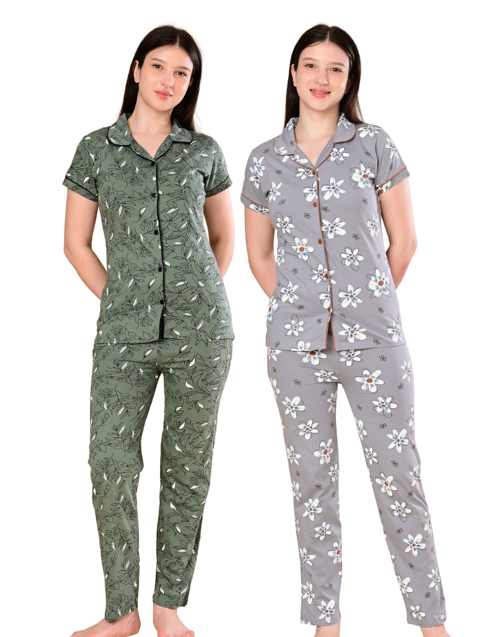 Women’s Cotton Night Suit Set | Soft Printed Shirt & Pyjama | Comfortable Sleepwear | Olive Green and Grey | Pack of 2