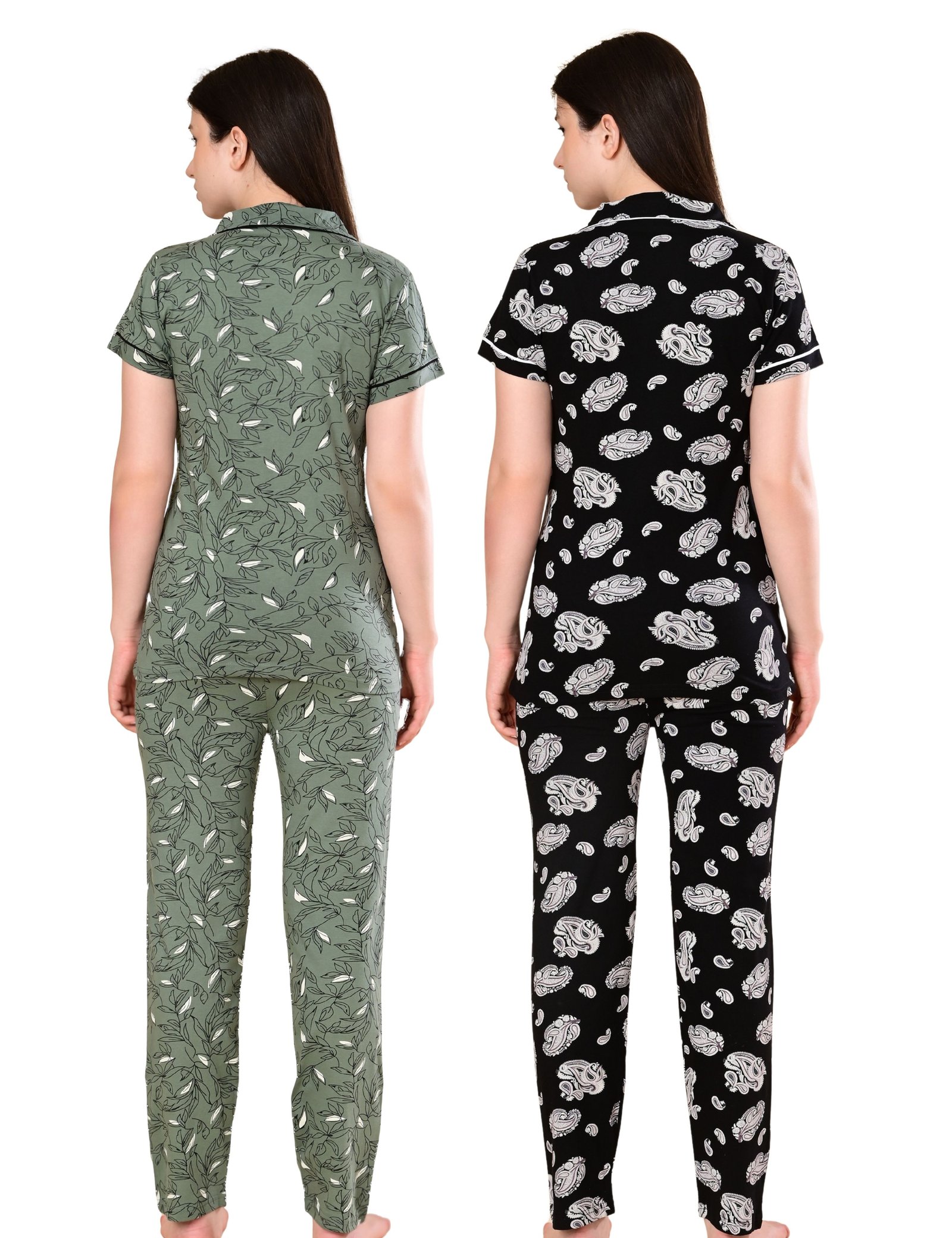 Women’s Cotton Night Suit Set | Soft Printed Shirt & Pyjama | Comfortable Sleepwear | Olive Green and Jet Black | Pack of 2 - Image 2