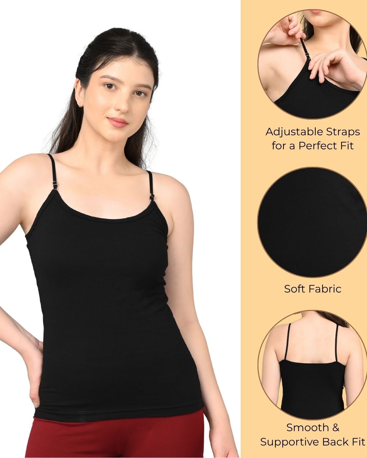 Camisole for Women | Adjustable Straps | Soft Breathable Fabric | Stretch Fit | Everyday Wear | Black and Grey | Pack of 2 - Image 3