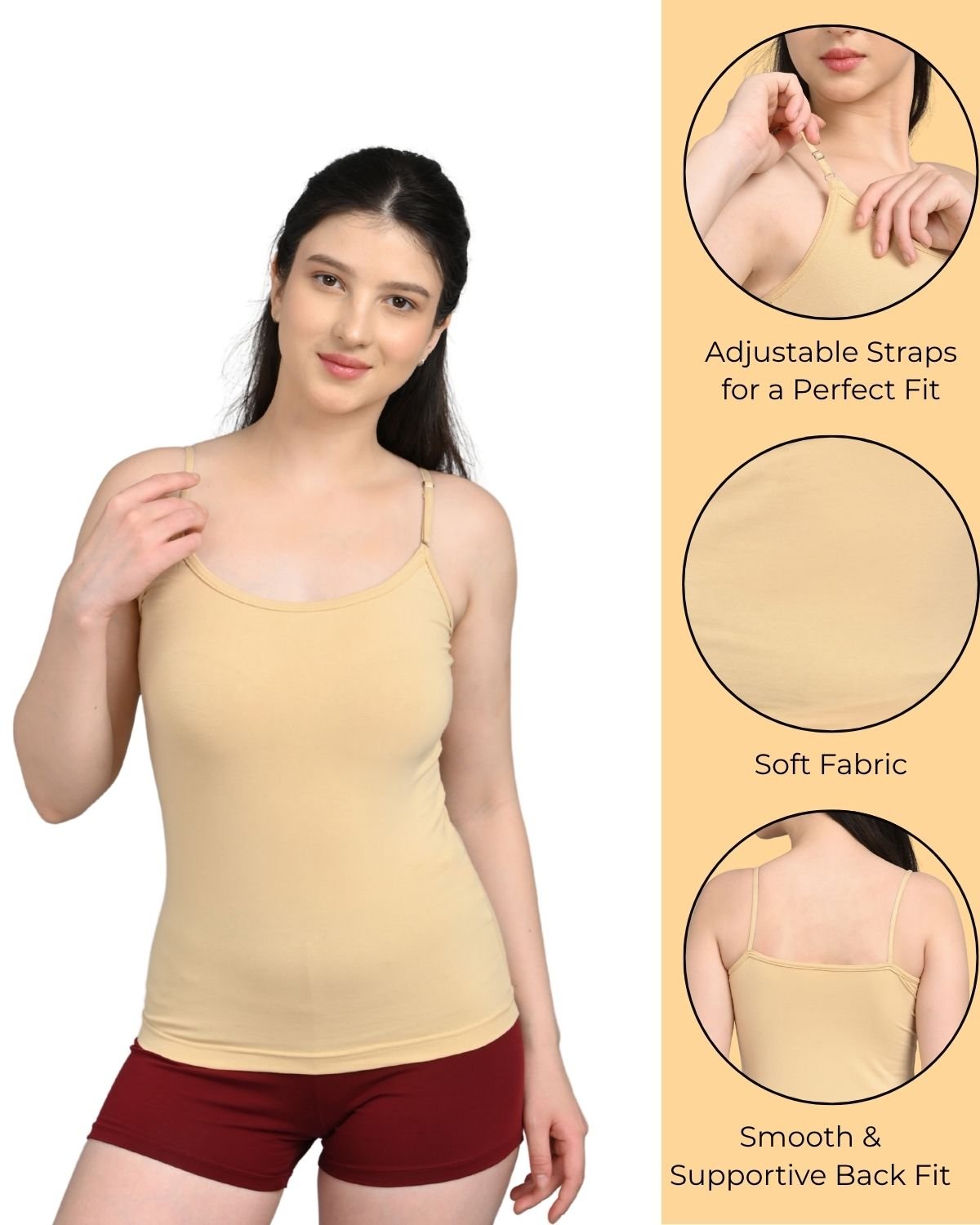 Camisole for Women | Adjustable Straps | Soft Breathable Fabric | Stretch Fit | Everyday Wear | Begie and white | Pack of 2 - Image 3