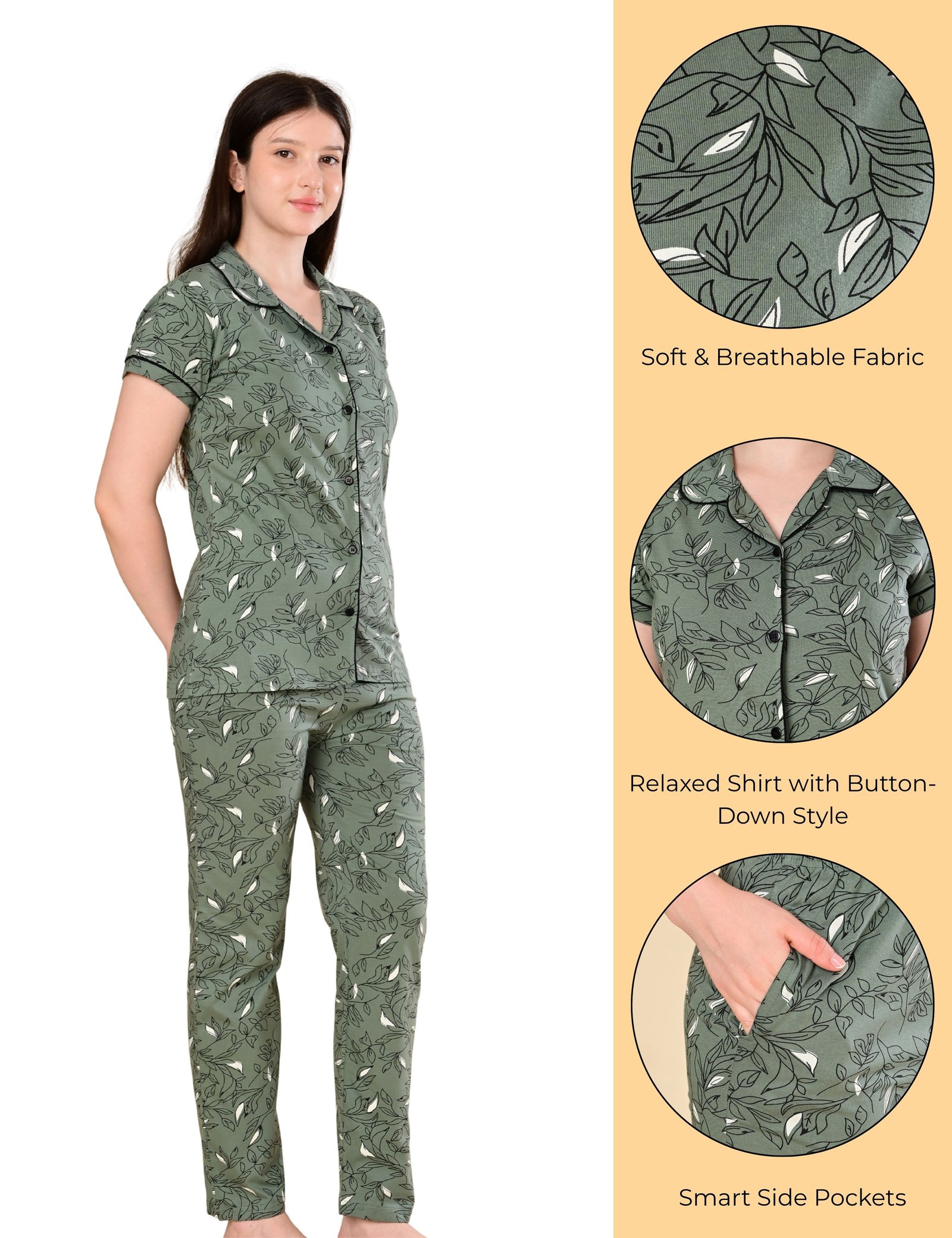 Women’s Cotton Night Suit Set | Soft Printed Shirt & Pyjama | Comfortable Sleepwear | Olive Green and Jet Black | Pack of 2 - Image 3